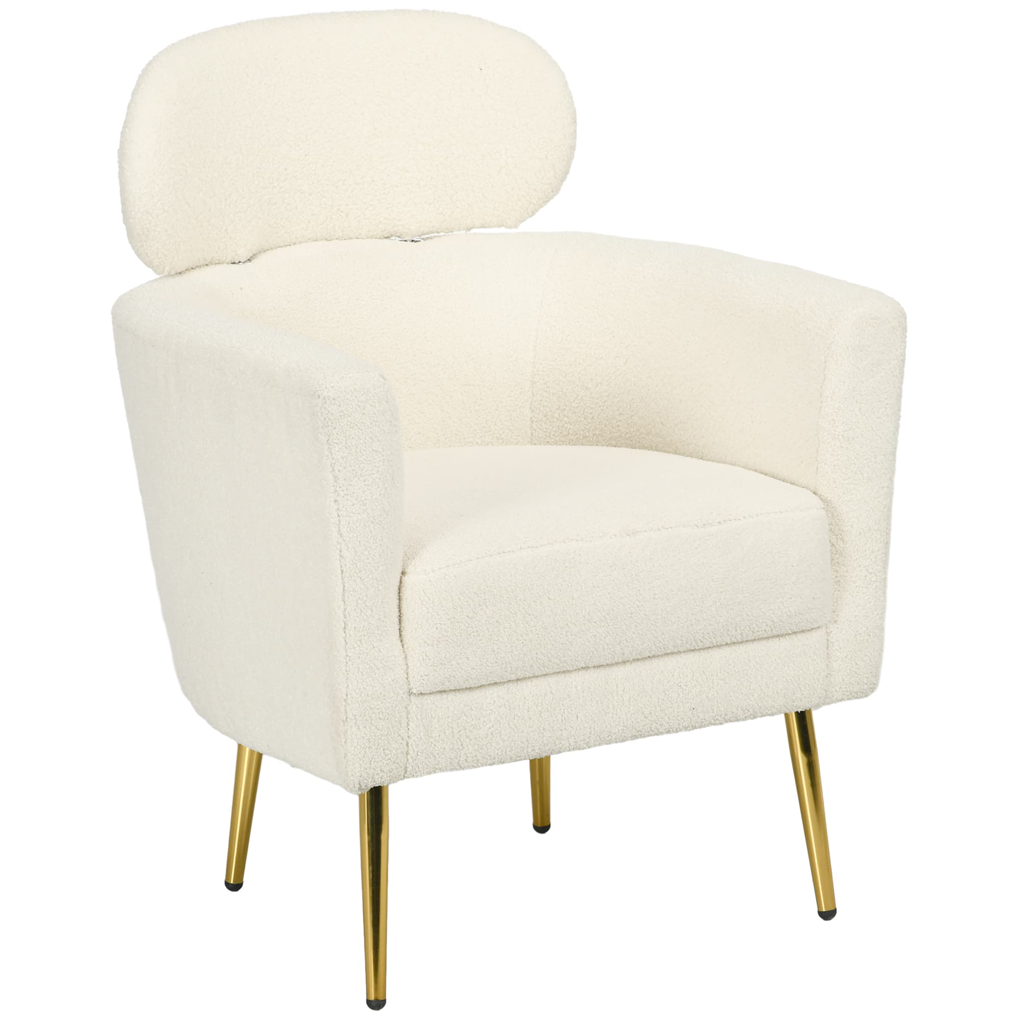 HOMCOM Fauteuil salon avec appuie-tête amovible, fauteuil crapaud en peluche teddy, pieds en métal, 71 x 65 x 90 cm, crème