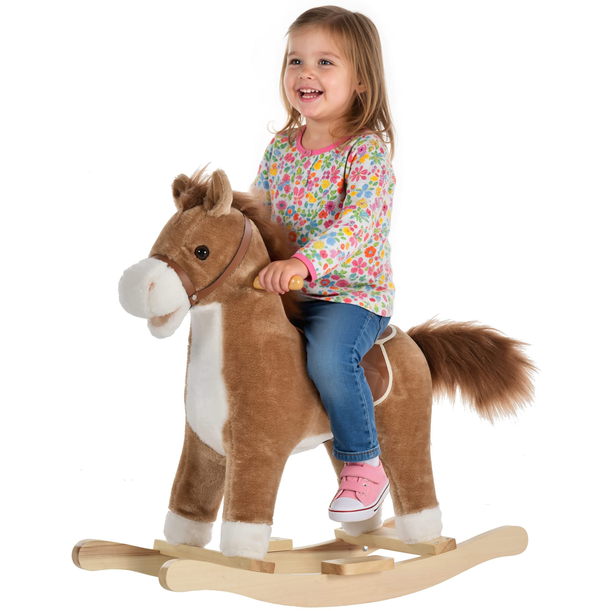 HOMCOM Cheval à Bascule Enfant (36 à 72 Mois) Musiques Pures Cri de Cheval 65 x 32 x 61 cm Brun