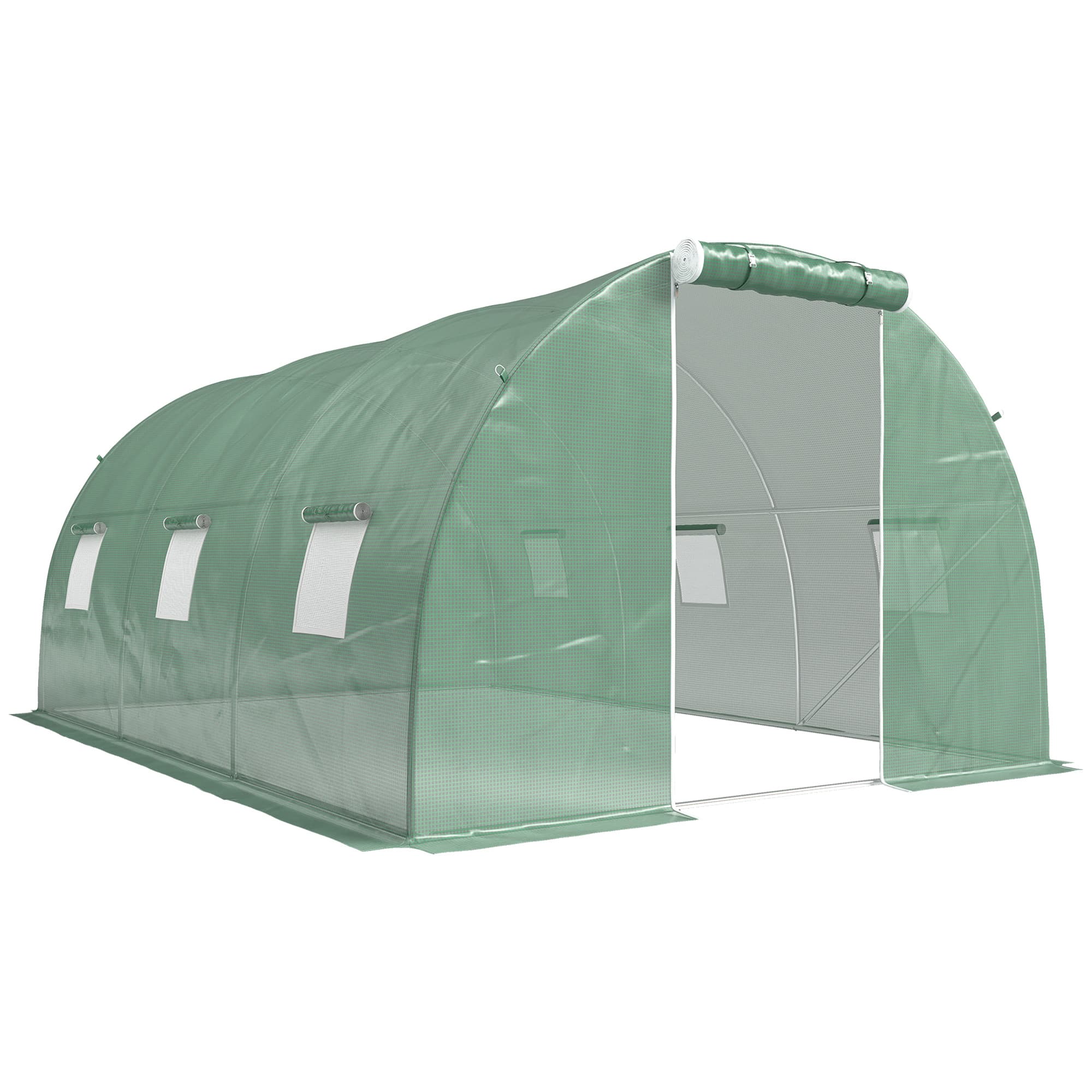 Outsunny Serre tunnel en polyéthylène 4,5 x 3 m Serre avec 6 fenêtres Abri de jardin Protection contre le gel Cadre en acier vert foncé