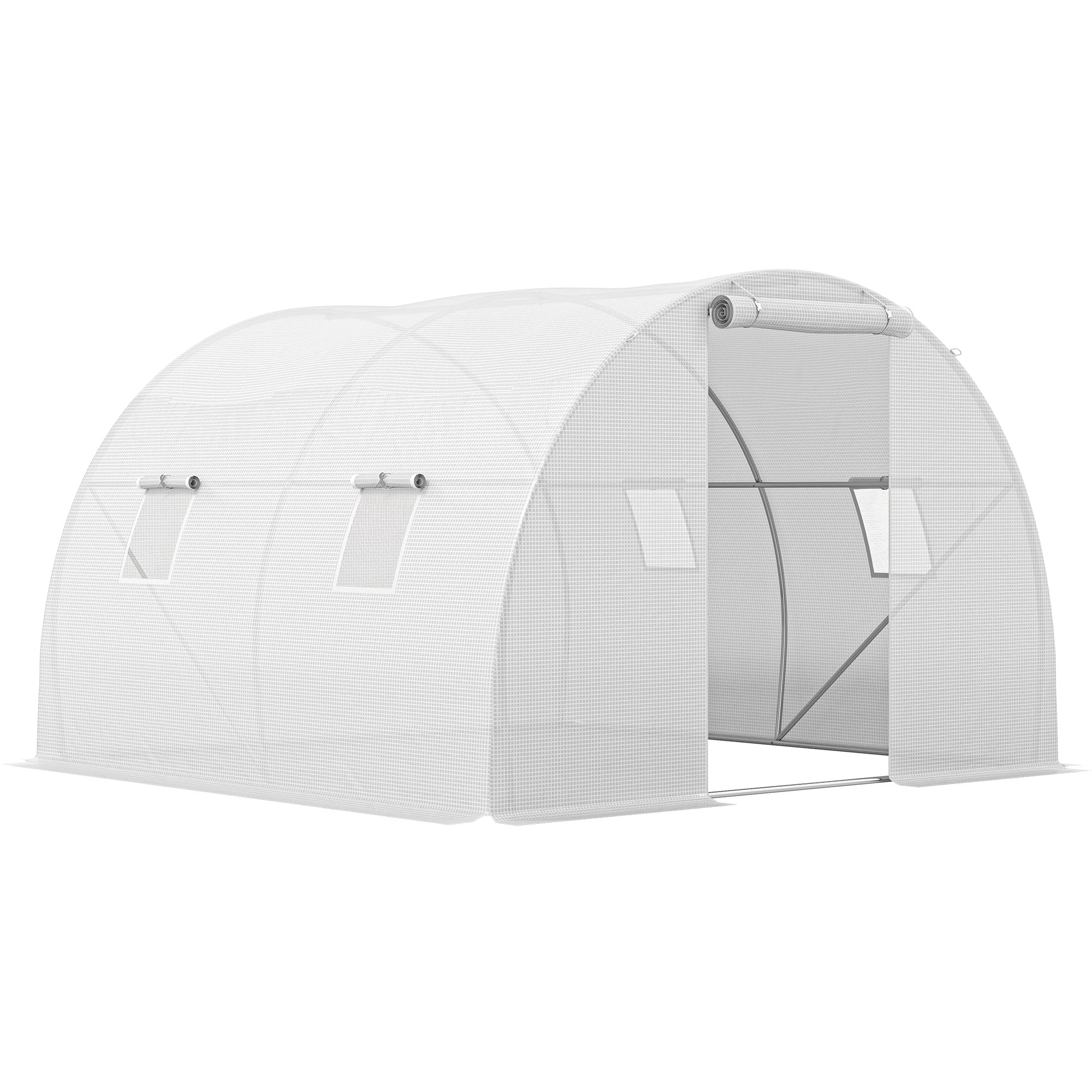 Outsunny Serre de jardin tunnel 9 m2 4 fenêtres, porte zippée enroulable châssis acier galvanisé, bâche PE 3 x 3 x 2 m blanc