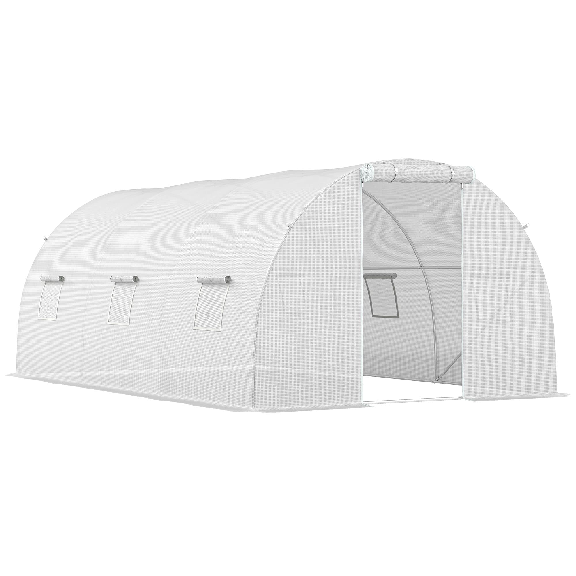Outsunny Serre de jardin tunnel 13,5 m2 6 fenêtres, porte zippée enroulable châssis acier galvanisé, bâche PE 4,5 x 3 x 2 m blanc