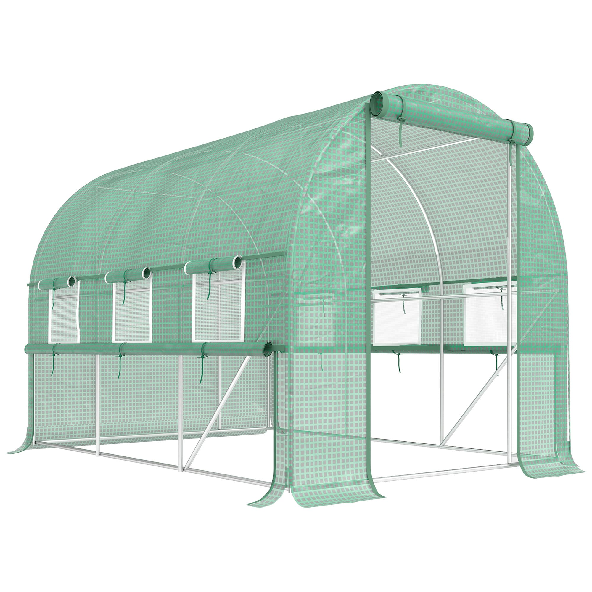 Outsunny Serre tunnel, 6 fenêtres enroulables, Porte avec fermeture éclair, cadre en acier inoxydable, 2,95 x 2 x 2 m, Vert