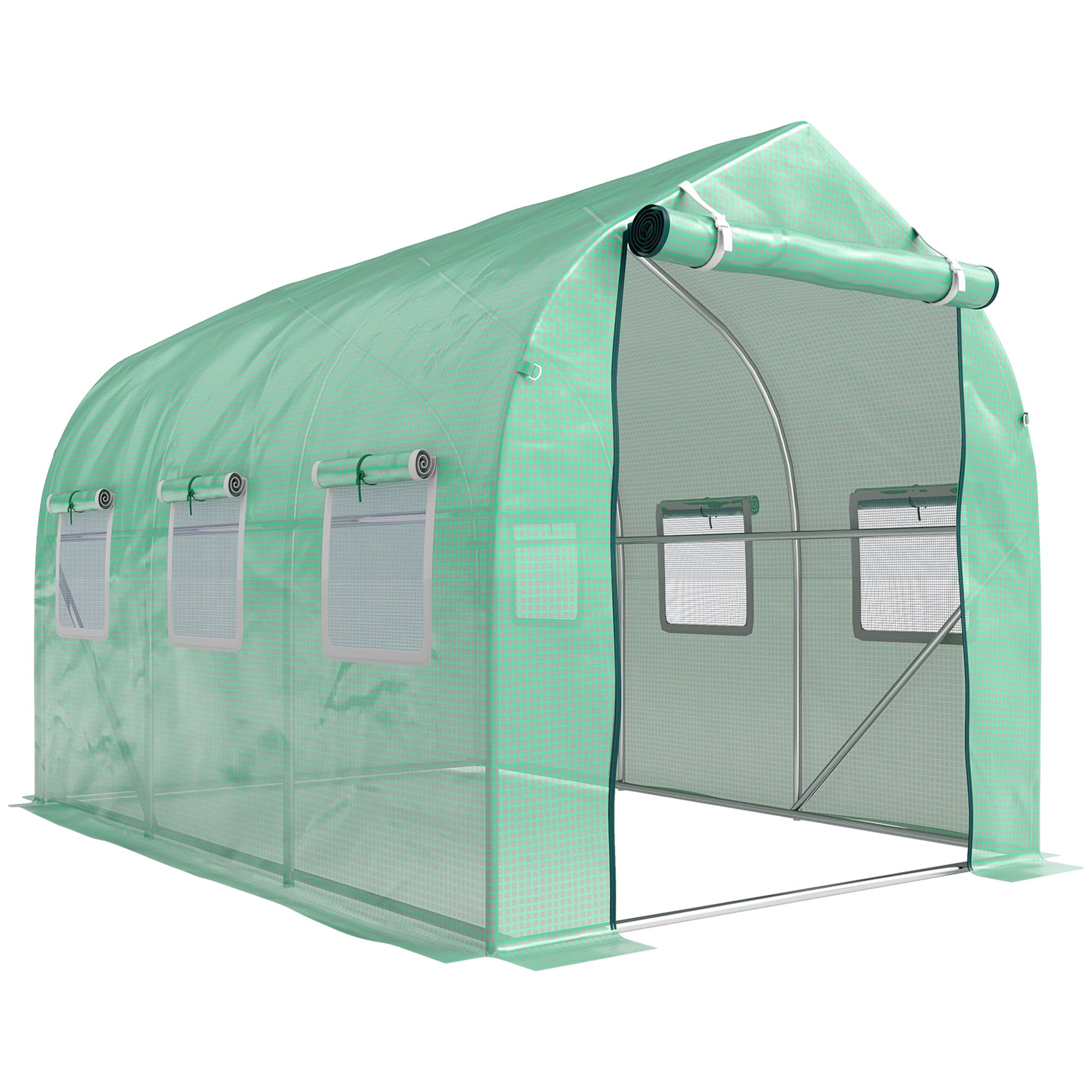 Outsunny Serre de jardin tunnel serres tunnel 6 m2 avec 6 fenêtres porte à fermeture éclair toile PE structure fer galvanisé vert