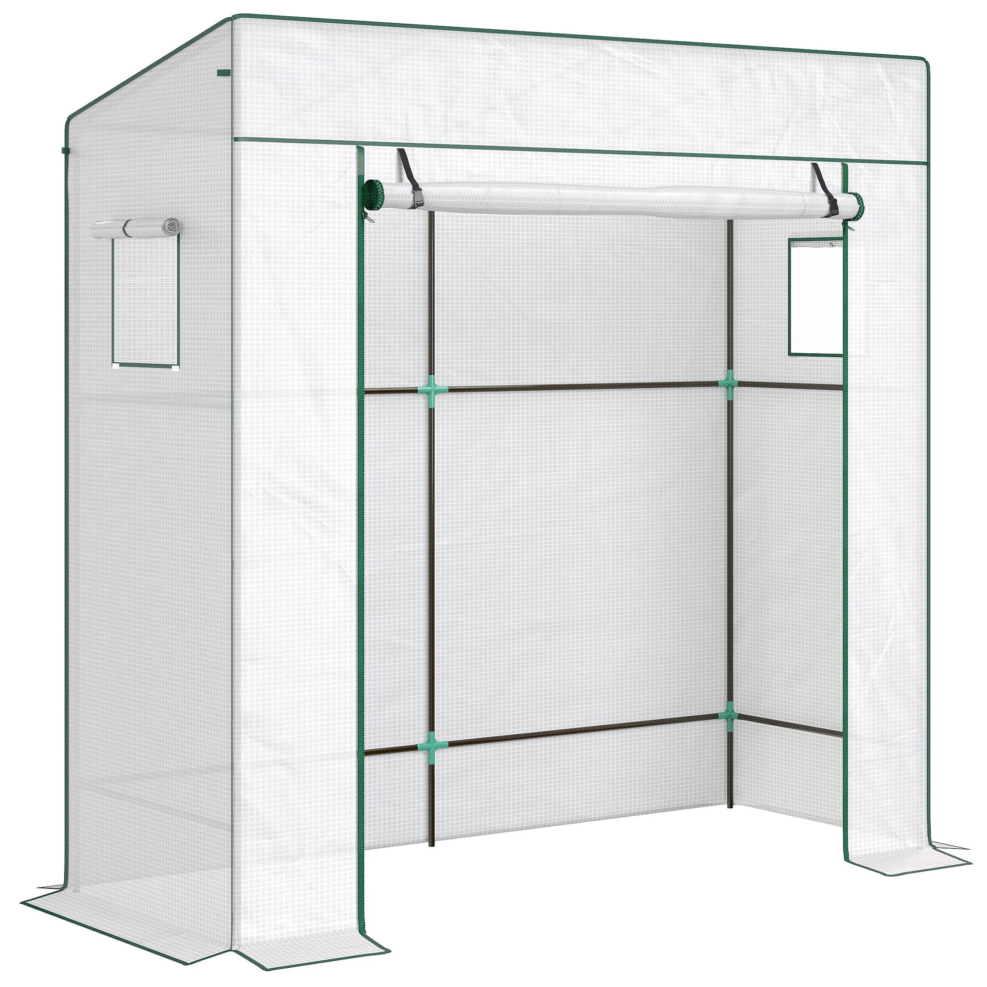 Outsunny Serre de jardin murale adossée avec 1 porte enroulable, bâche PE renforcée, 2 fenêtres, dim. 196L x 77l x 197/178H cm