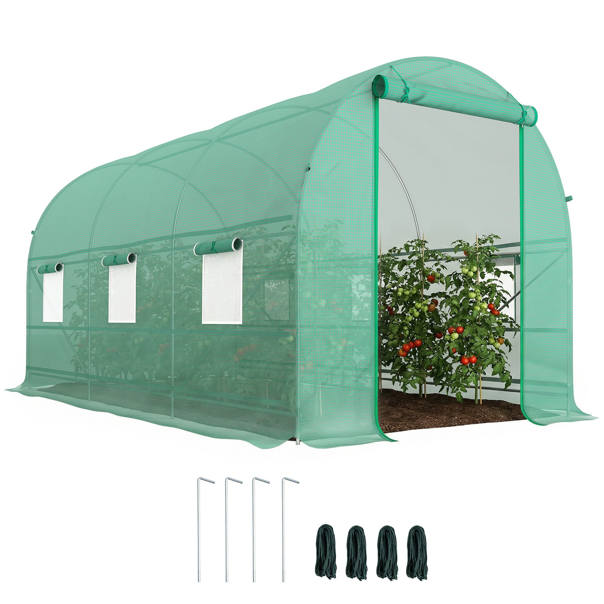 Outsunny Serre tunnel de jardin 8 m2, serre de jardin tunnel avec porte et 6 fenêtres, bâche PE 140 g/m2 400 x 200 x 200 cm vert