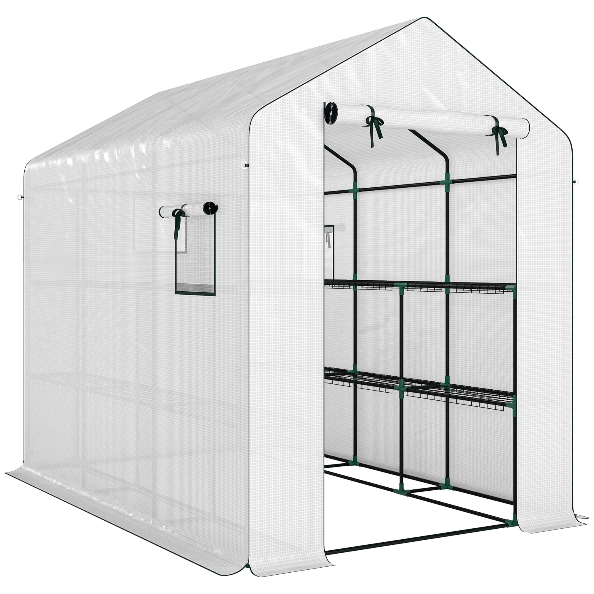 Outsunny Serre de jardin 3 m2 avec étagères 3 niveaux, PE renforcée 135 g/m2 anti-UV, porte enroulable et fenêtres en maille