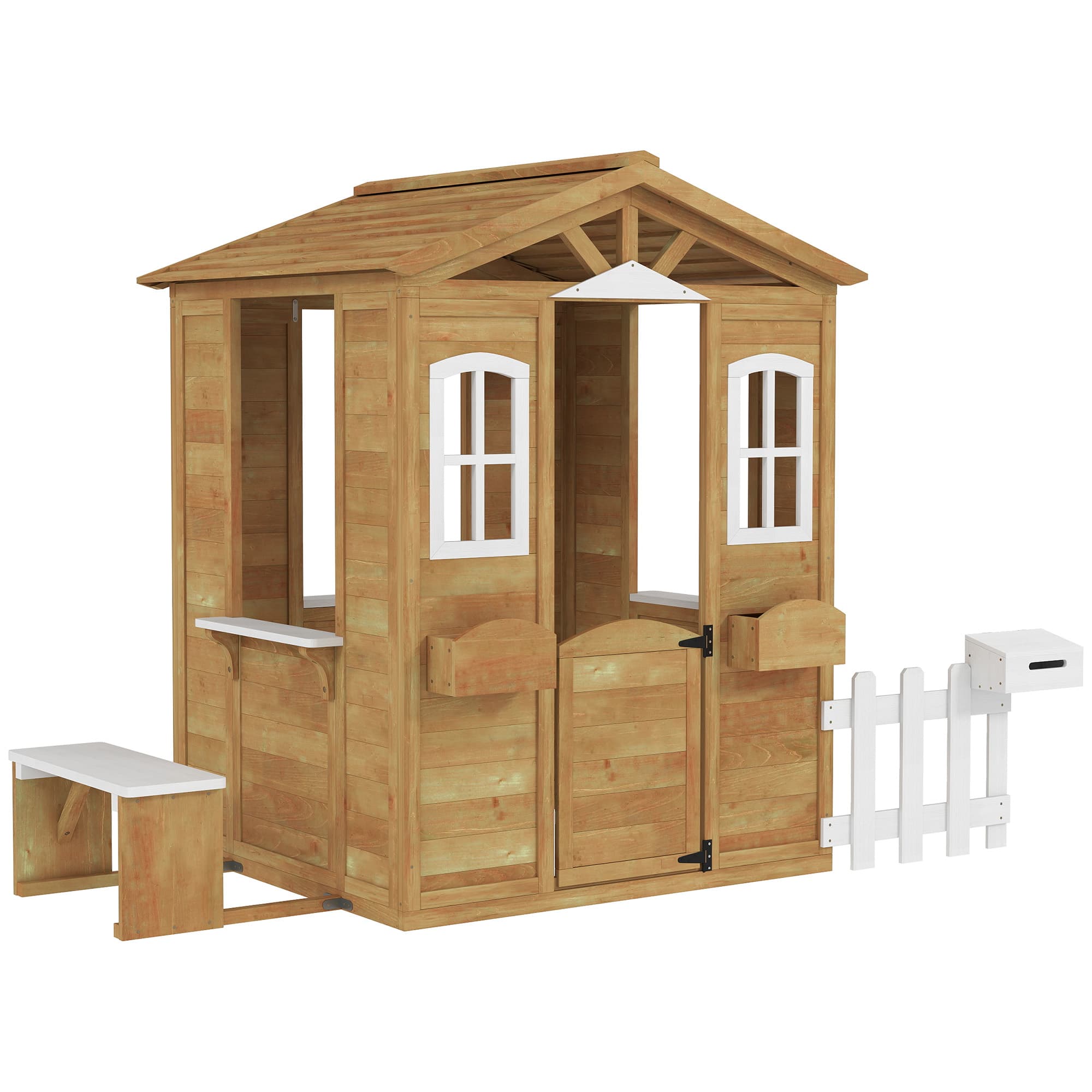 Outsunny Cabane de jeu pour enfant maison de jardin en bois porte et fenêtres, banc, boite aux lettres, clôture, de 3 à 6 ans
