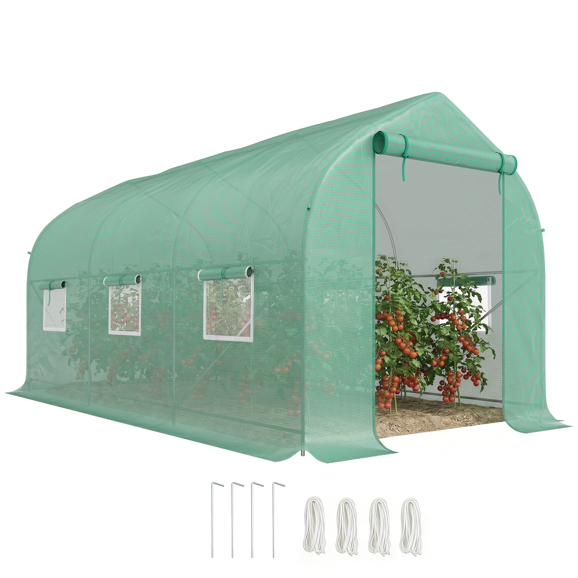 Outsunny Serre tunnel de jardin 8m2, serre de jardin tunnel avec 2 portes et 6 fenêtres, bâche PE 140g/m2 400x200x200cm vert