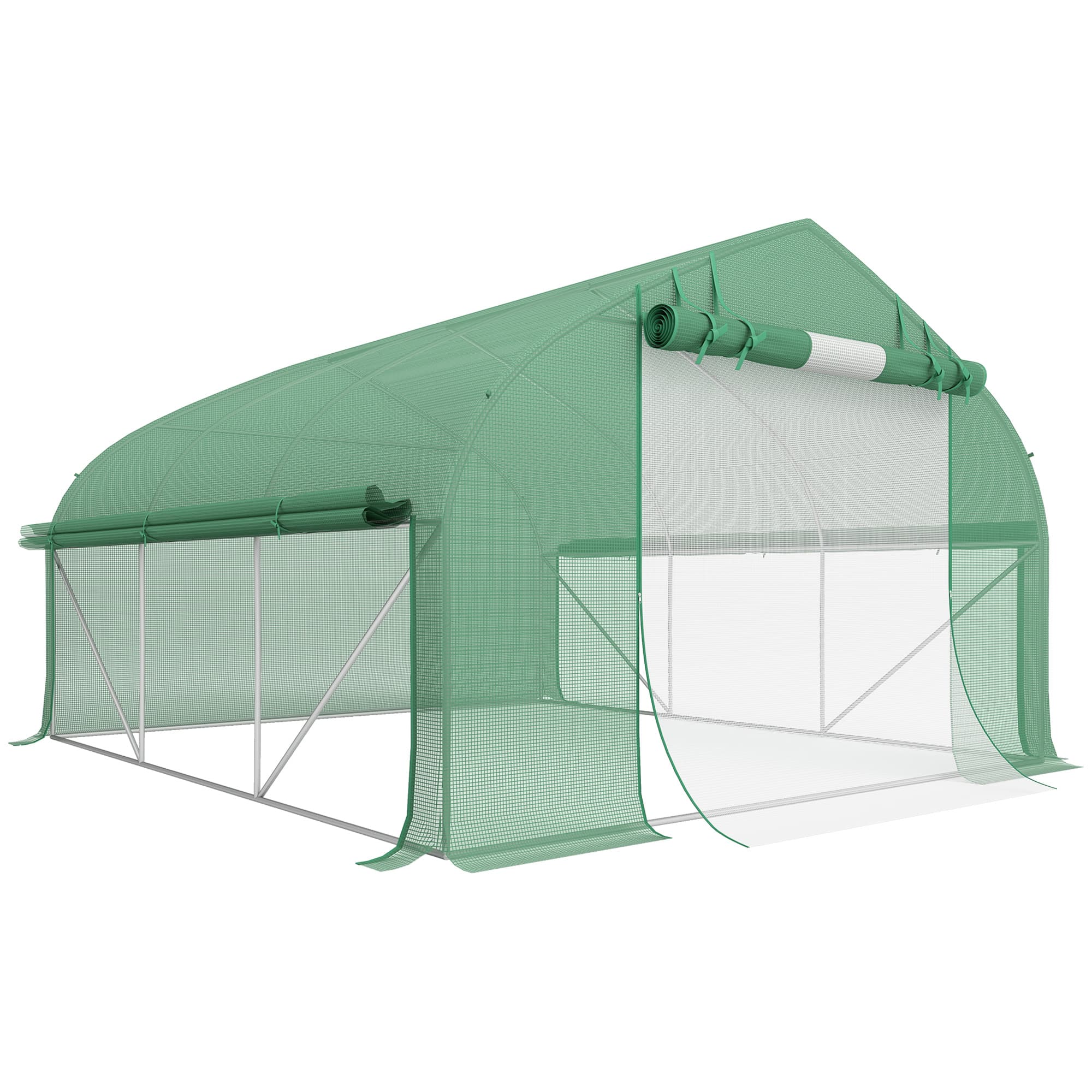 Outsunny Serre de jardin tunnel 10,4 m2 serre de jardin anti-UV porte zippée enroulable fenêtres maille 350 x 300 x 200 cm vert