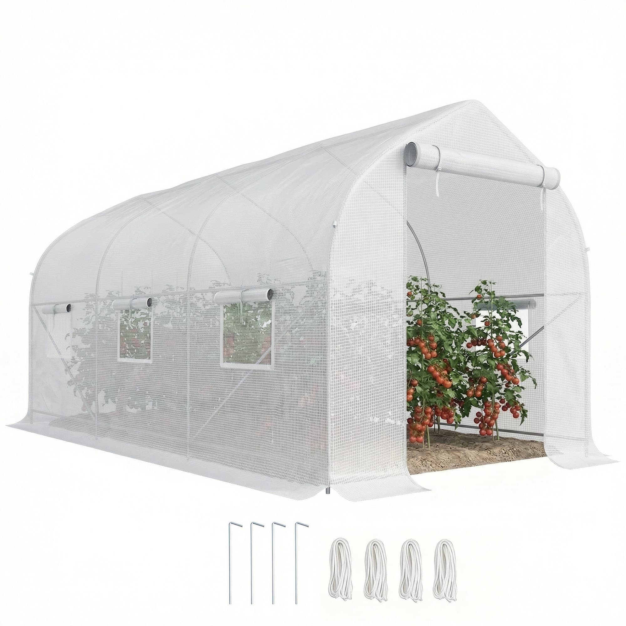 Outsunny Serre tunnel de jardin 8m2, serre de jardin tunnel avec 2 portes et 6 fenêtres, bâche PE 140g/m2 400x200x200cm blanc