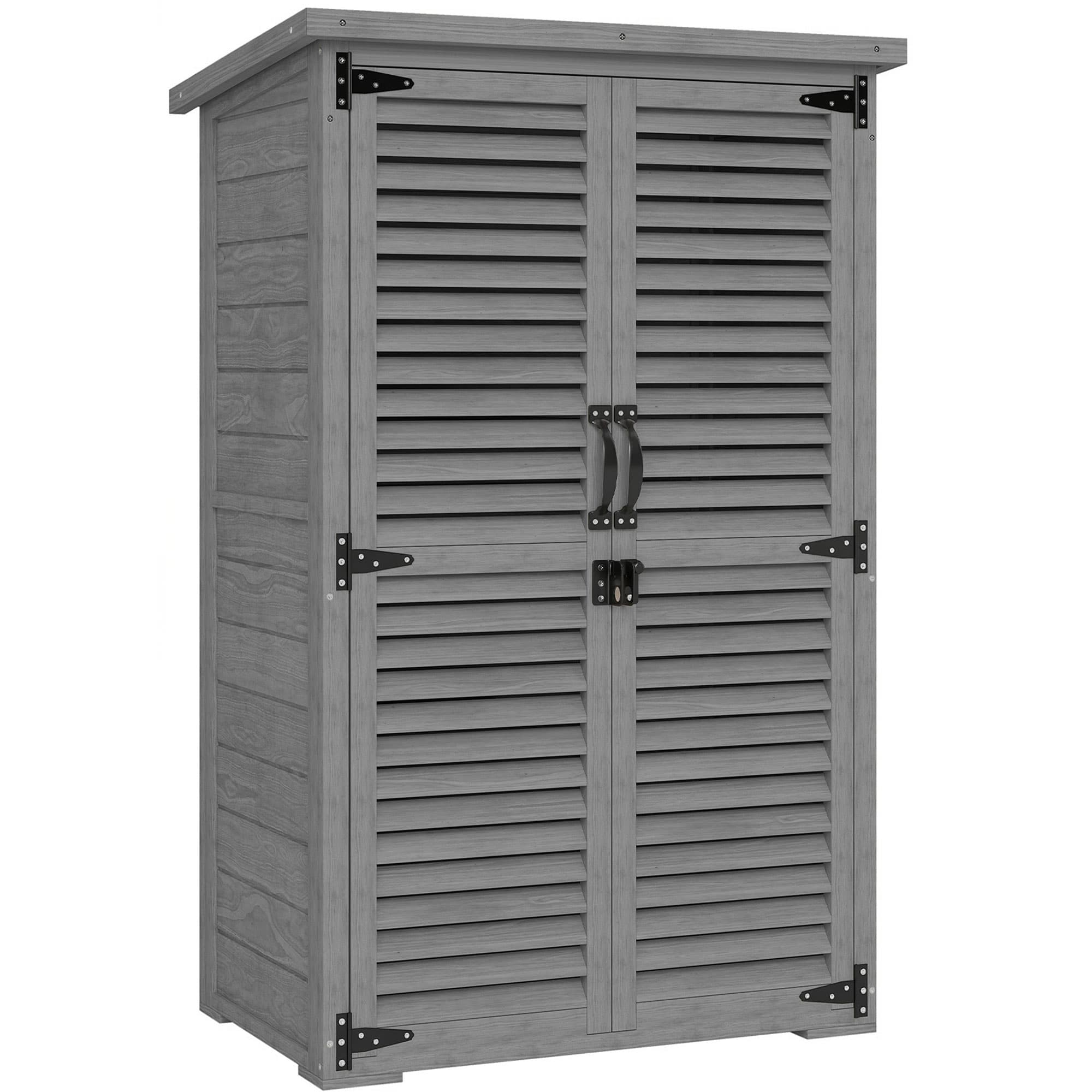 Outsunny Armoire de Jardin Remise Pour Outils en Bois 2 Étagères Toit Bitumé Portes Persiennes Verrouillable 75 x 50 x 118cm Gris