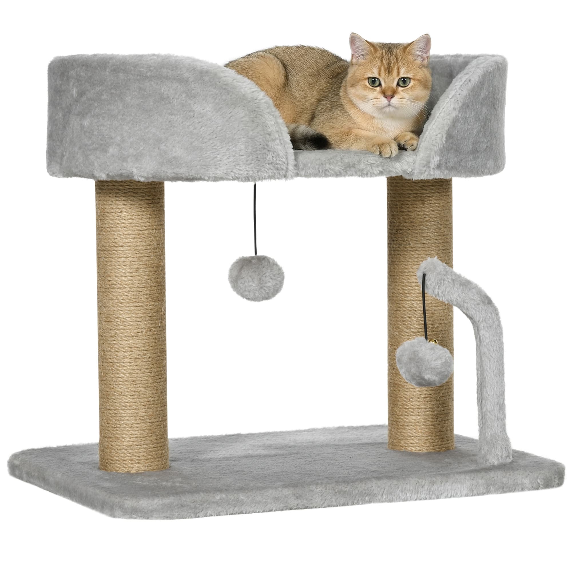 PawHut Arbre à chat grattoir design avec jeu 2 pompons suspendus 2 poteaux sisal plateforme peluche sisal 48 x 38 x 42 cm gris