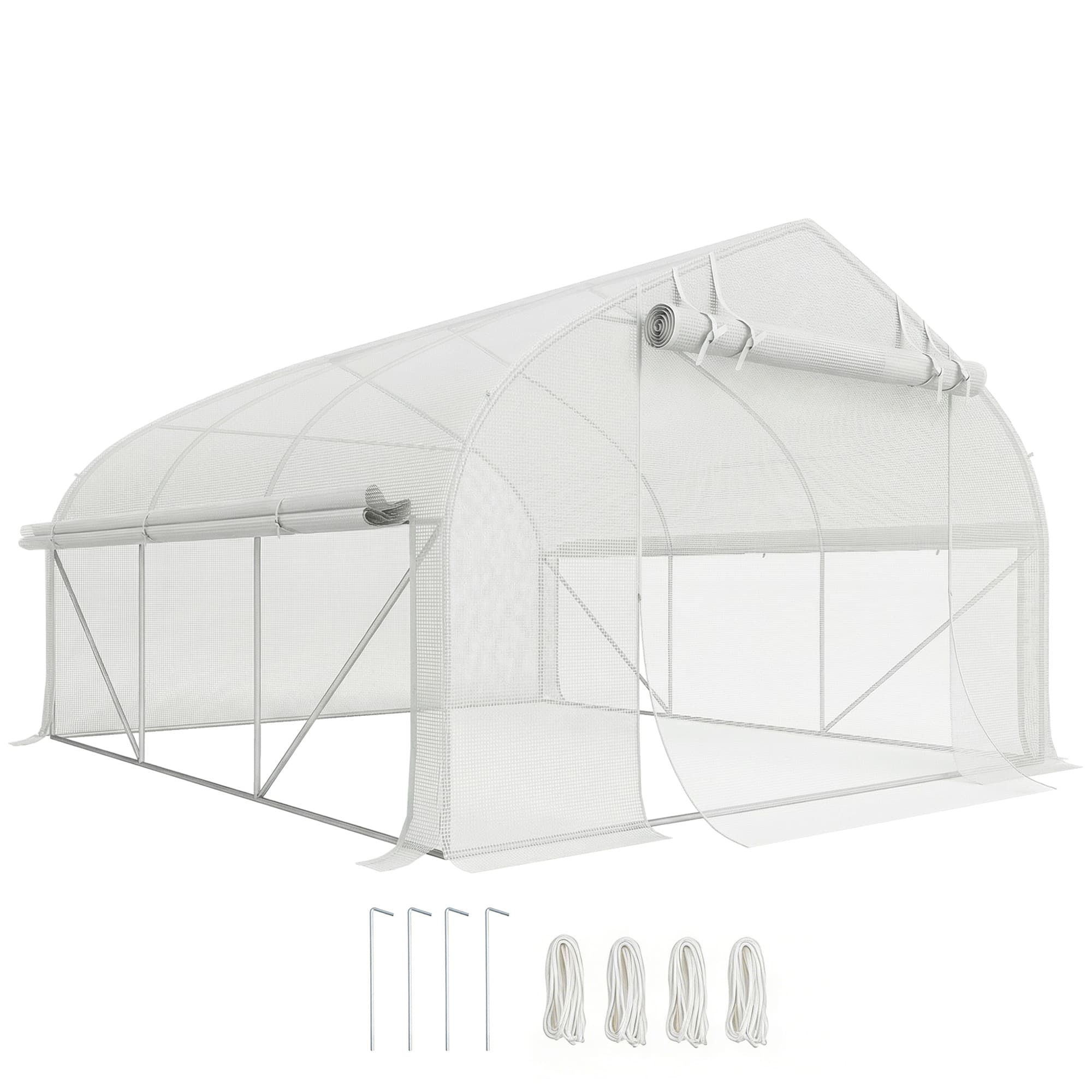 Outsunny Serre de jardin tunnel 10,4 m2 serre de jardin anti-UV porte zippée enroulable fenêtres maille 350 x 300 x 200 cm blanc