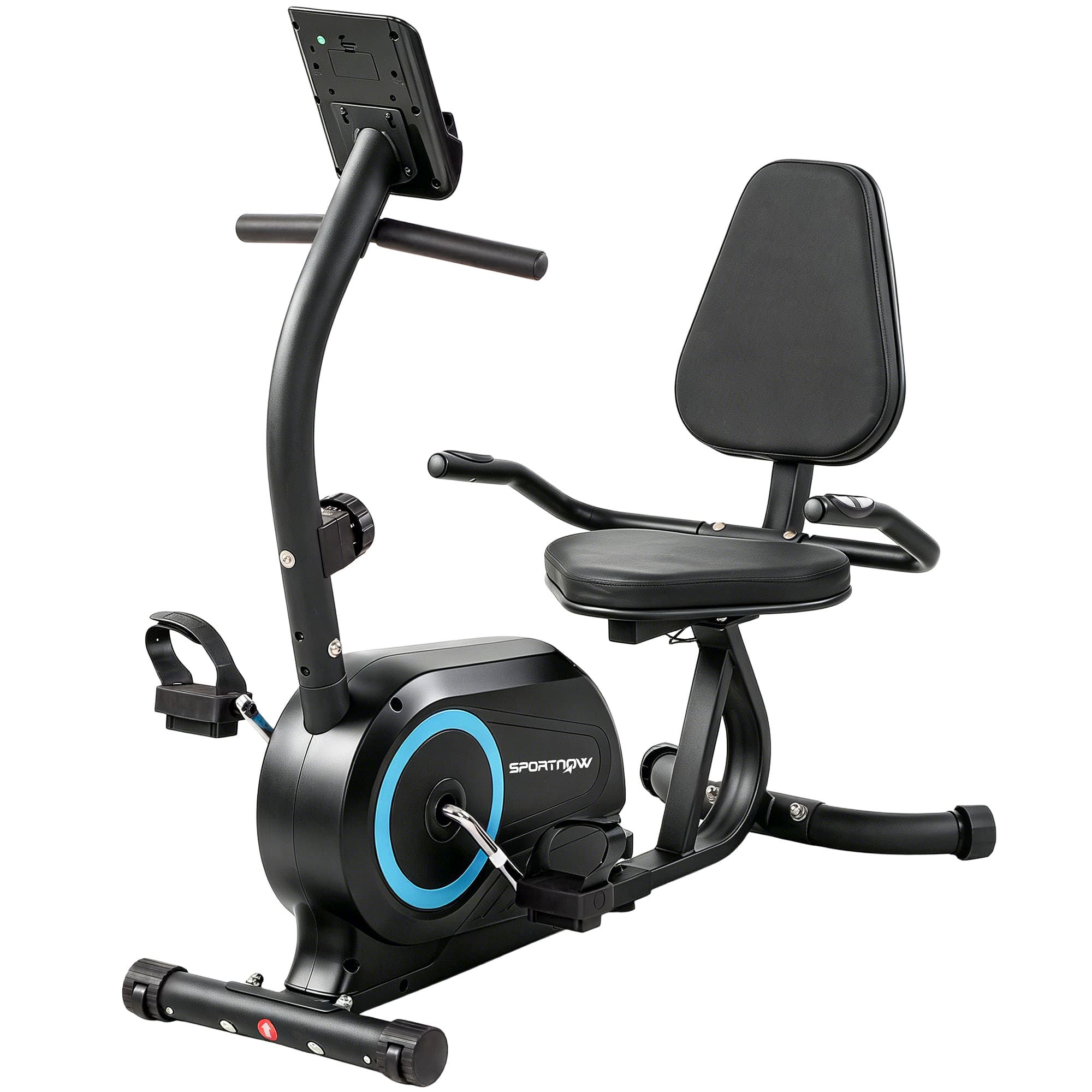 SPORTNOW Vélo d'Appartement Magnétique Vélo Couché Semi-allongé Silencieux Connecté Kinomap 8 Niveaux 136x56x106cm Bleu