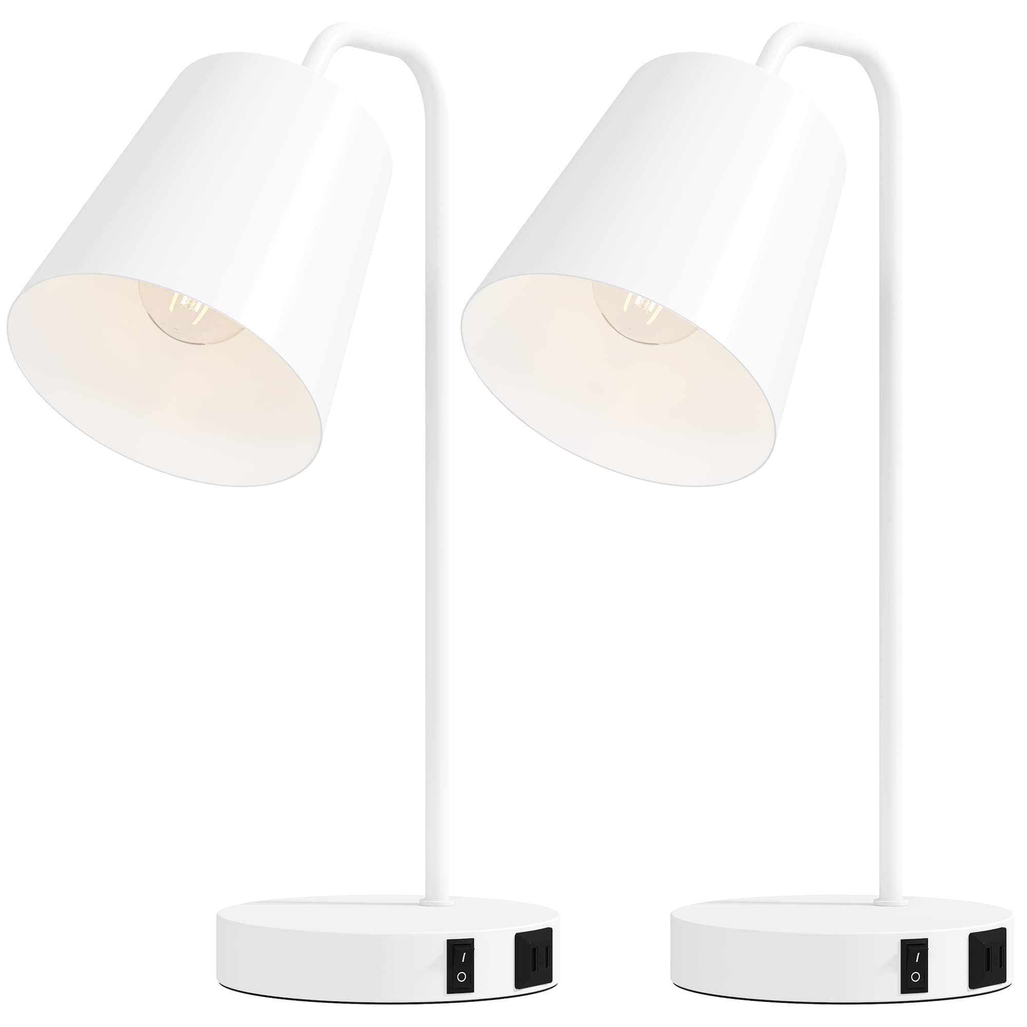 HOMCOM Lot de 2 lampes de table modernes en acier avec ports USB, douille E27, ampoule non incluse, Blanc