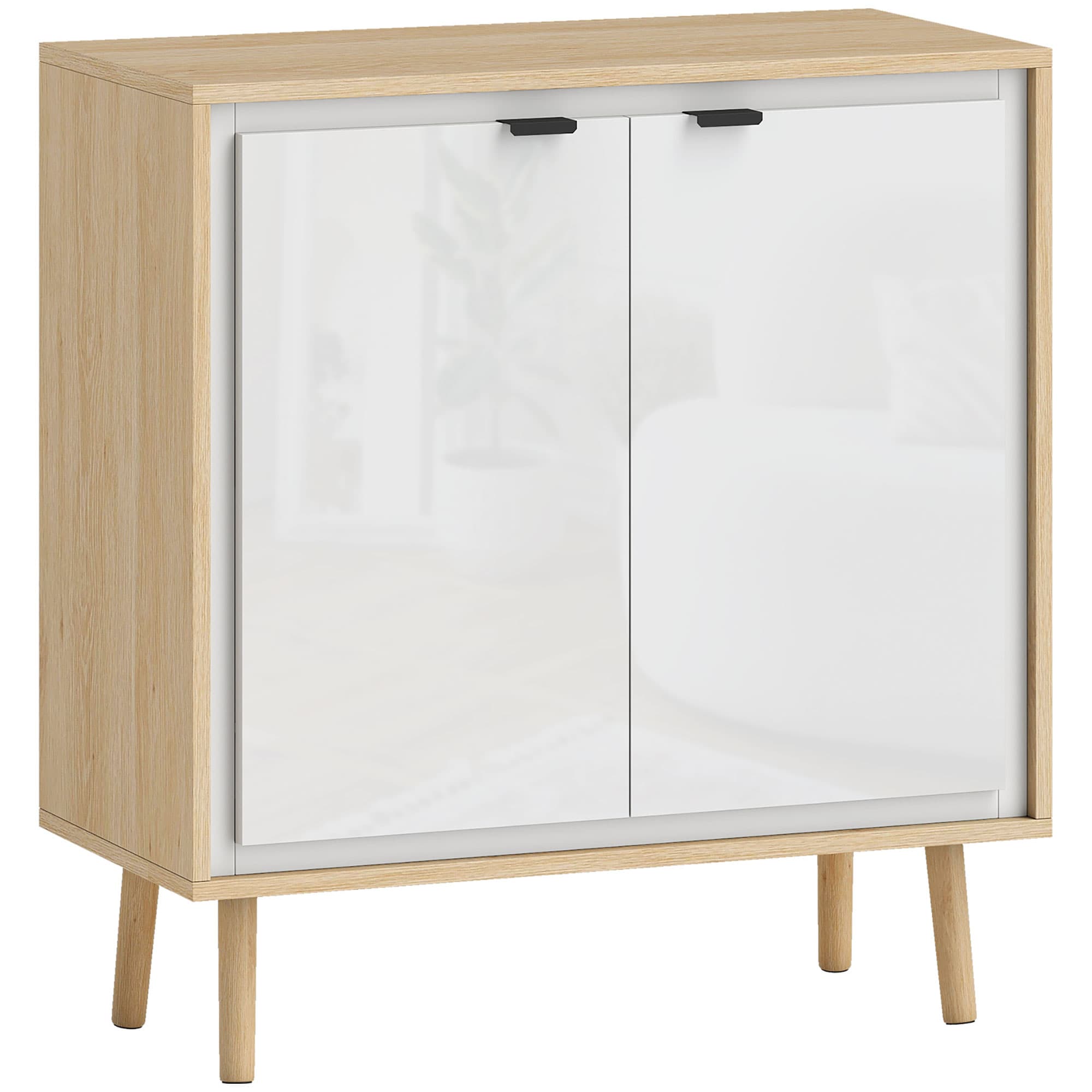 HOMCOM Buffet à haute brillance, meuble de rangement avec double porte, étagère réglable, 72 x 35 x 77 cm, blanc et chêne