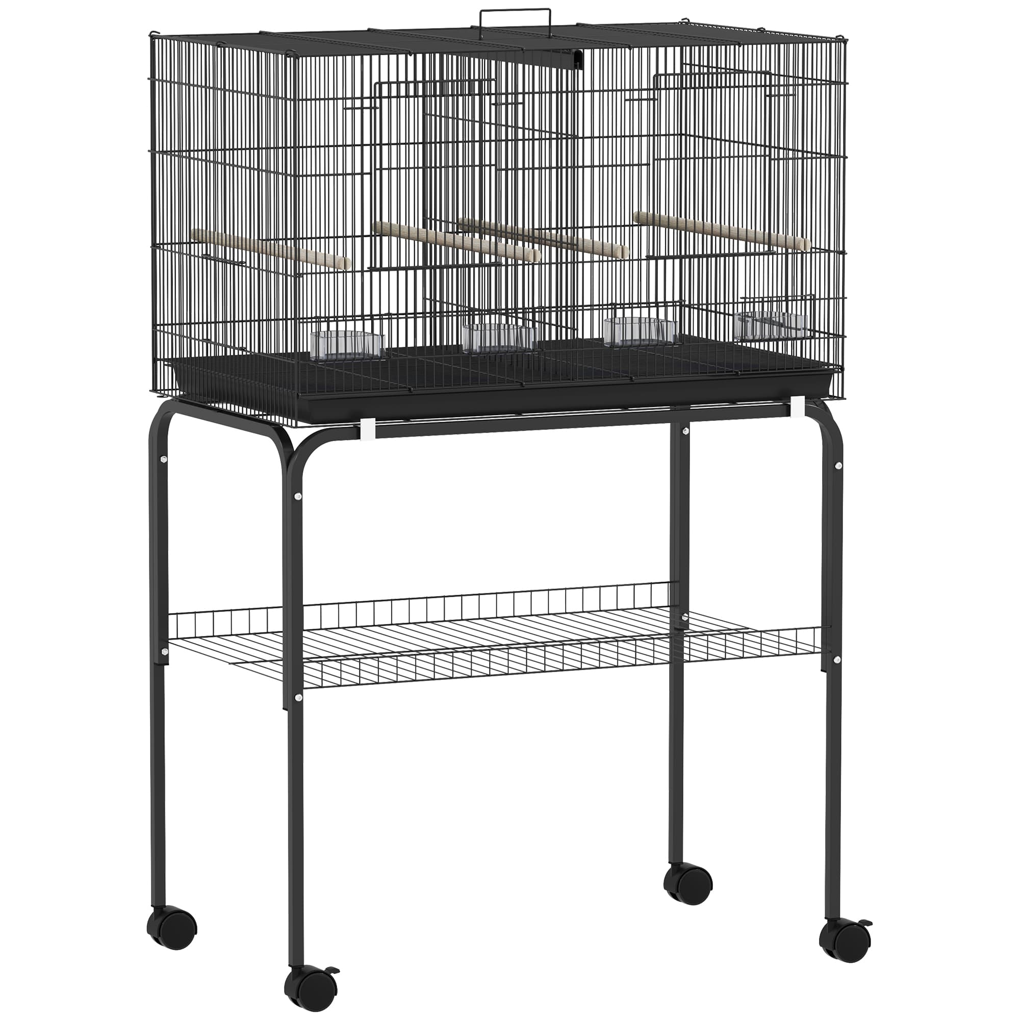 PawHut Cage à Oiseaux Volière Intérieur Acier avec Séparateur, 4 Perchoirs, Plateau Coulissant, 4 Mangeoires, 76x46x116cm, Noir