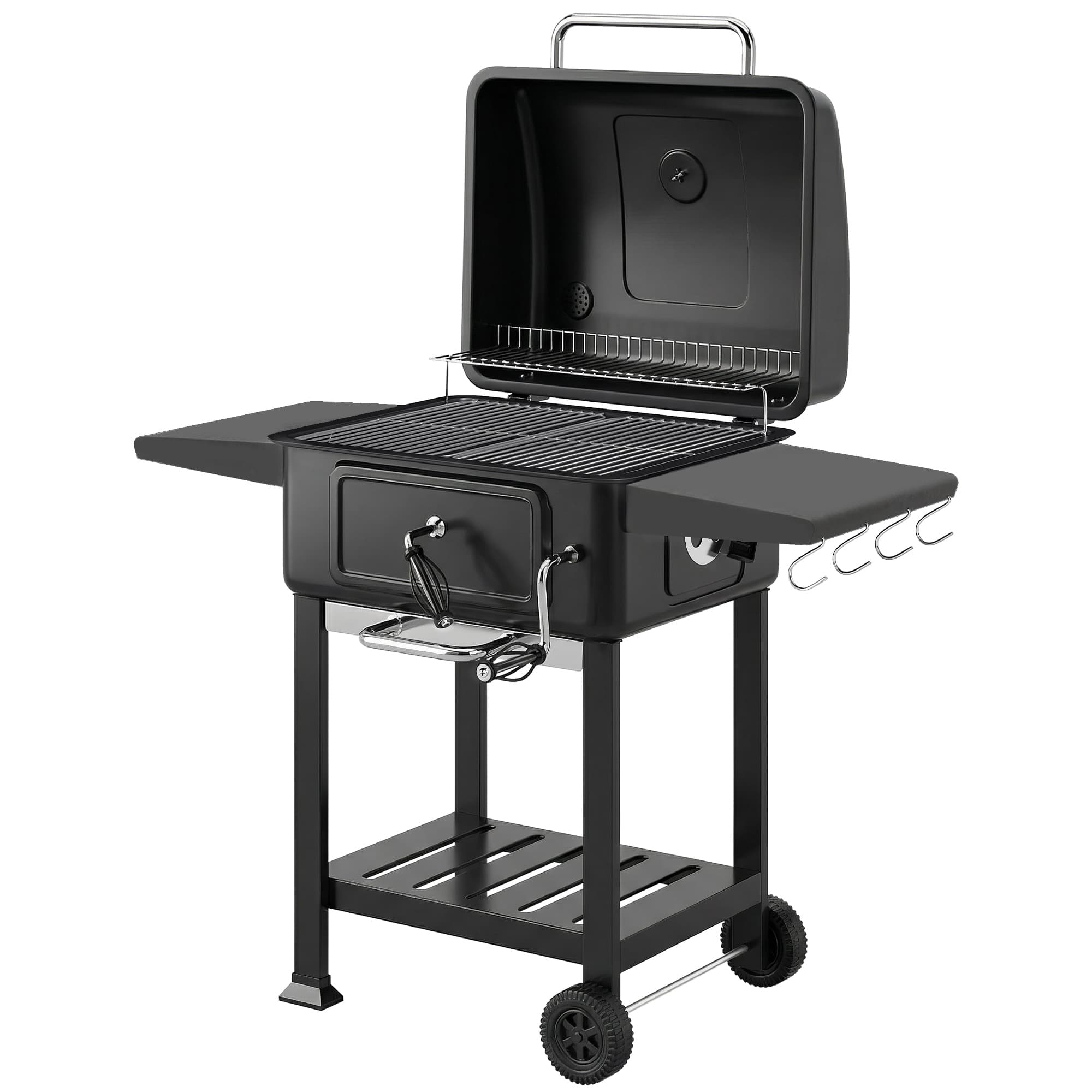 Outsunny Barbecue au charbon avec bac à charbon réglable, chariot grill de jardin fumoir avec tablettes latérales et thermomètre