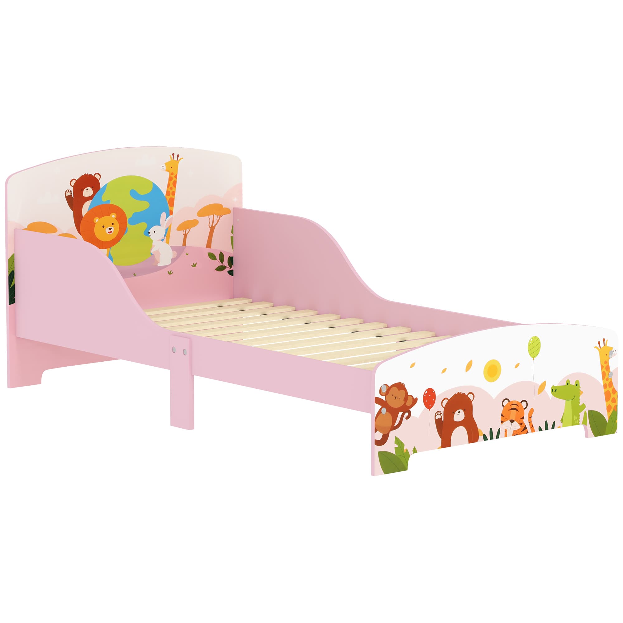 AIYAPLAY Lit enfant lit au sol enfant motif animal 140 x 70 cm avec sommier à lattes en bois design bas sécurisé rose