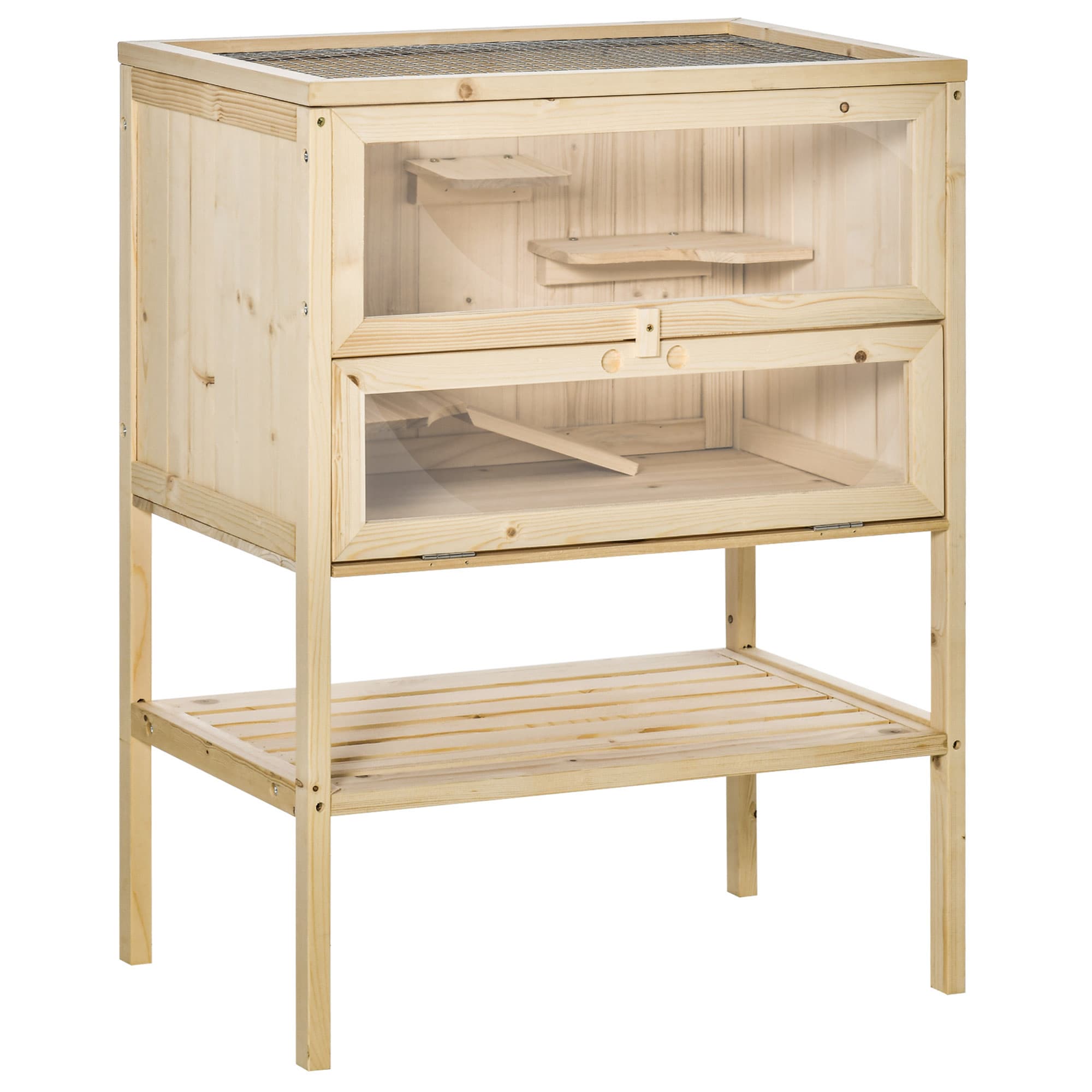 PawHut Cage Hamster en Bois à 3 Niveaux avec Plateformes, Échelles, Étagère, Fenêtre, Toit Ouvrable, 60x40x80cm, Naturel