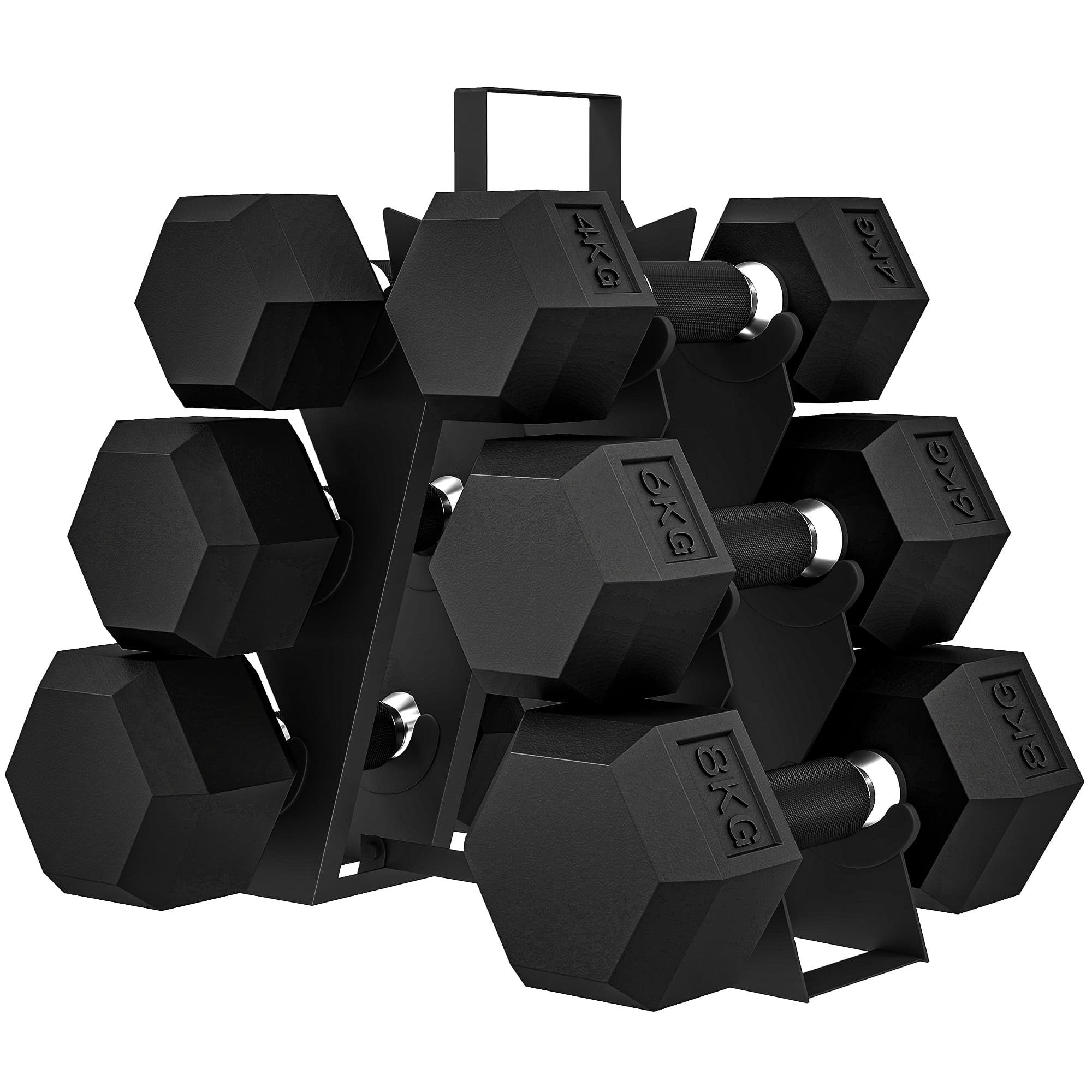 SPORTNOW Ensemble d'haltères 2x4kg 2x6kg 2x8kg avec support, revêtement en caoutchouc et poignée antidérapante pour la maison et la salle de sport