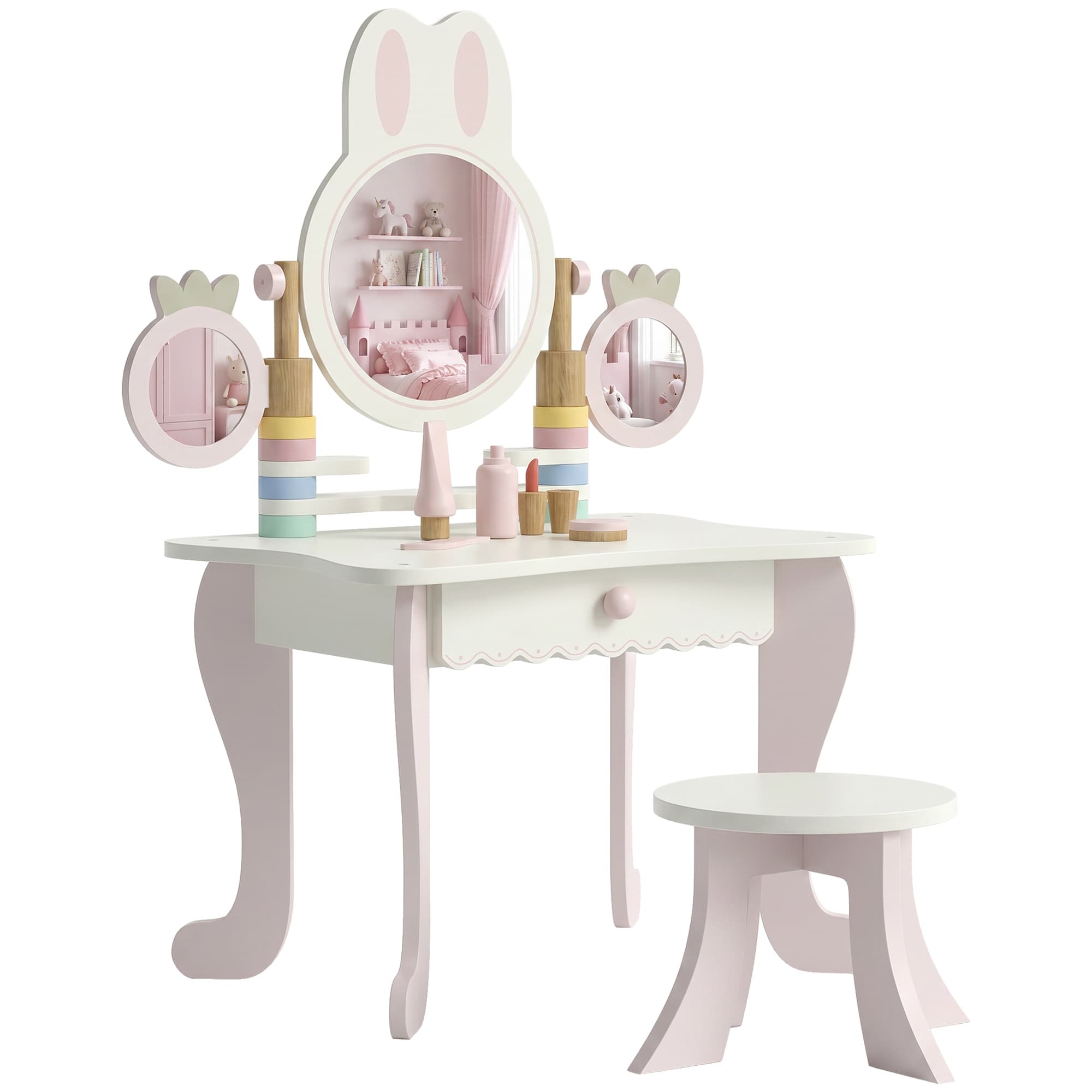 AIYAPLAY Coiffeuse enfants avec tabouret, 3 miroirs et 5 accessoires, poste de maquillage pour fille avec tiroir, 3+ ans, rose