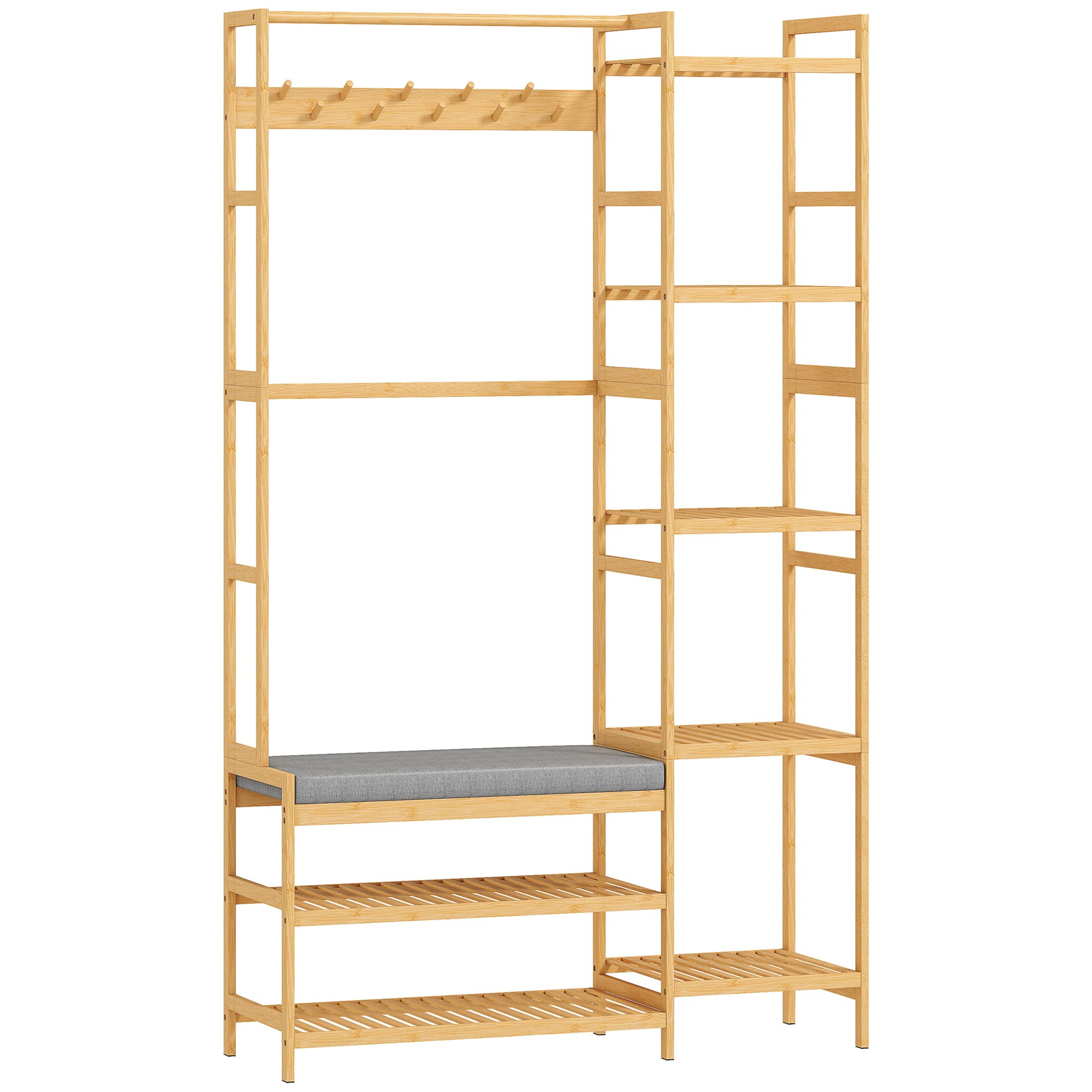 HOMCOM Meuble d'entrée en bambou, vestiaire d'entrée, banc, assise rembourrée, 10 crochets, tringle, 104x33x175cm, naturel