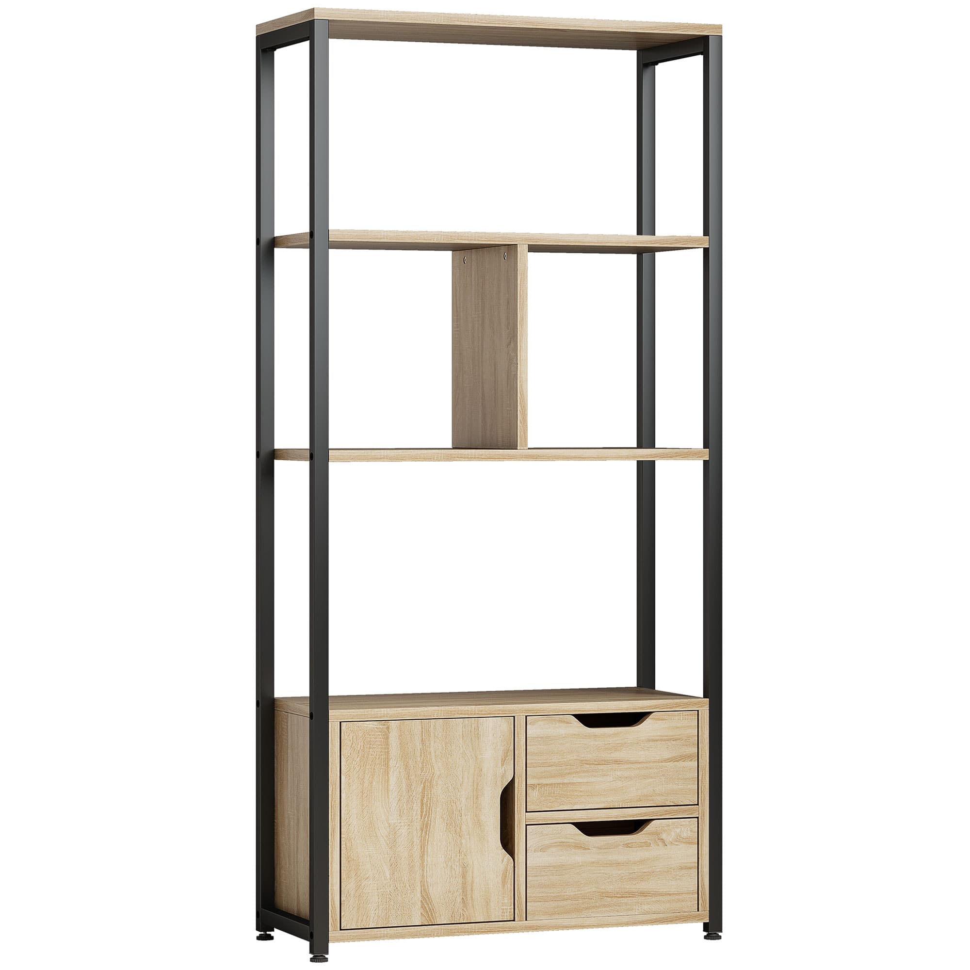 HOMCOM Bibliothèque style industriel 3 étagères placard porte 2 tiroirs 58 x 24 x 122 cm effet bois naturel acier noir