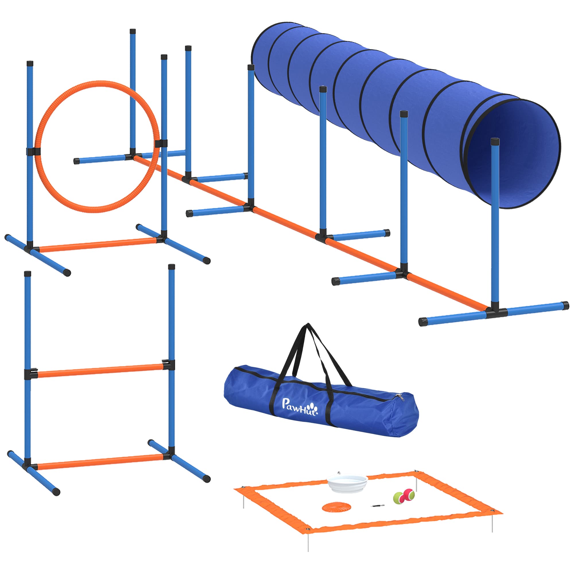 PawHut Ensemble d'Agilité pour Chien 8 Pièces avec Tunnel, Slaloms, Sauts Ajustables, Sac de Transport, 350x68x70cm, Orange