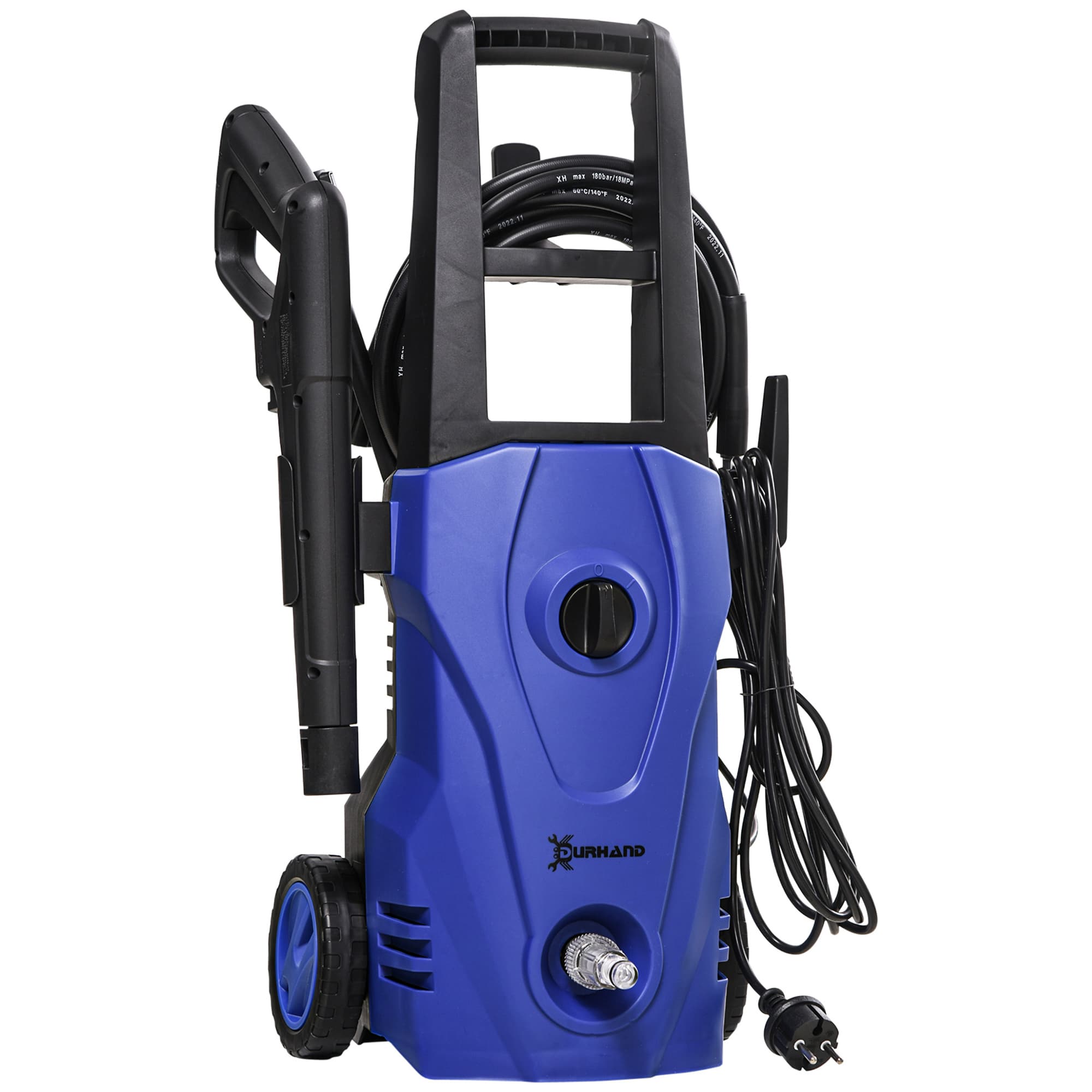 DURHAND Nettoyeur Haute Pression 1600W, Débit 432 L/h, Pompe en Aluminium 130 Bars, Tuyau 6m, Flacon de Savon, Bleu