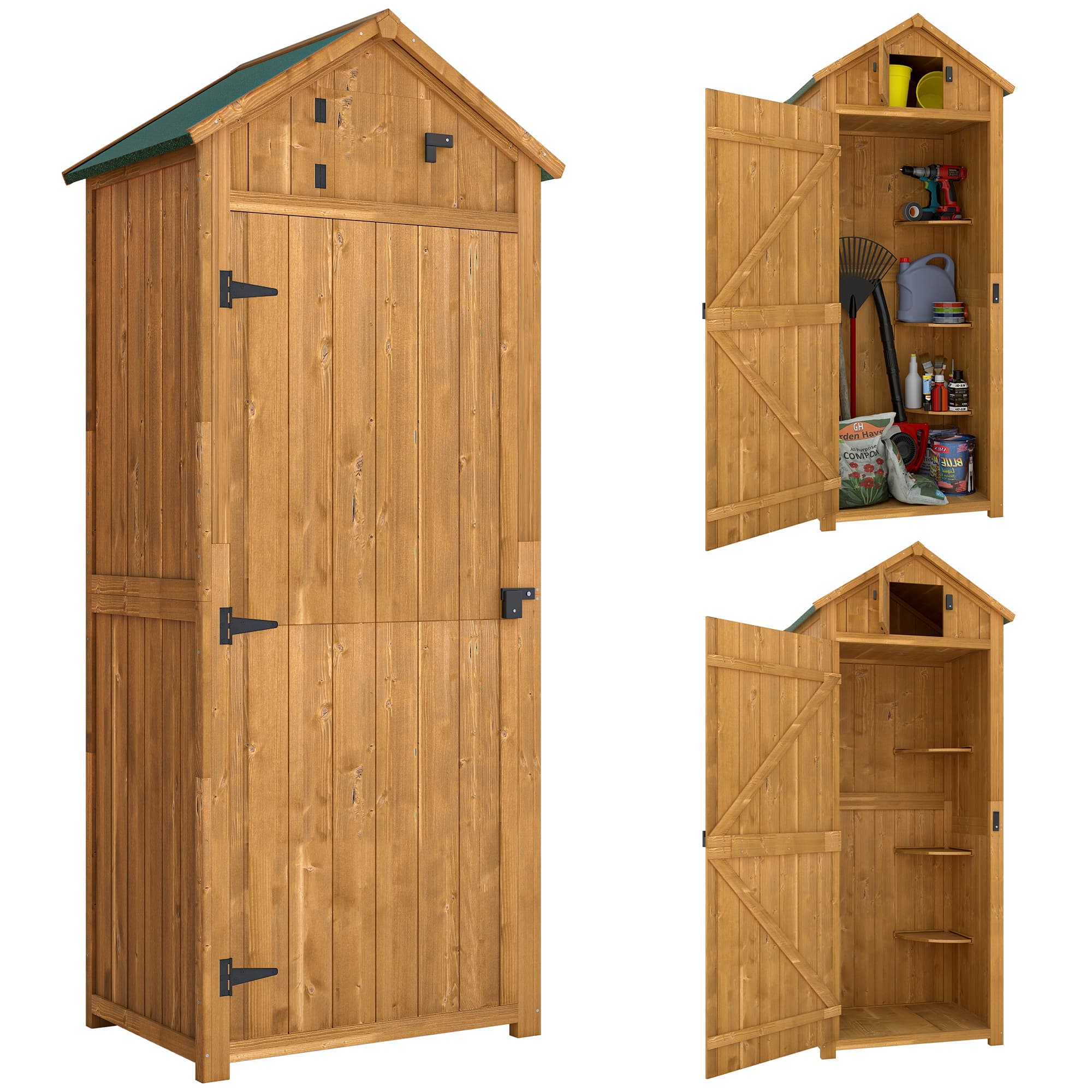 Outsunny Cabanon & Chalet de Jardin Bois en Sapin Massif avec 2 Portes Verrouillables, Toit en Pente Bitumé 77x54,2x179 cm, Jaune Aosom France