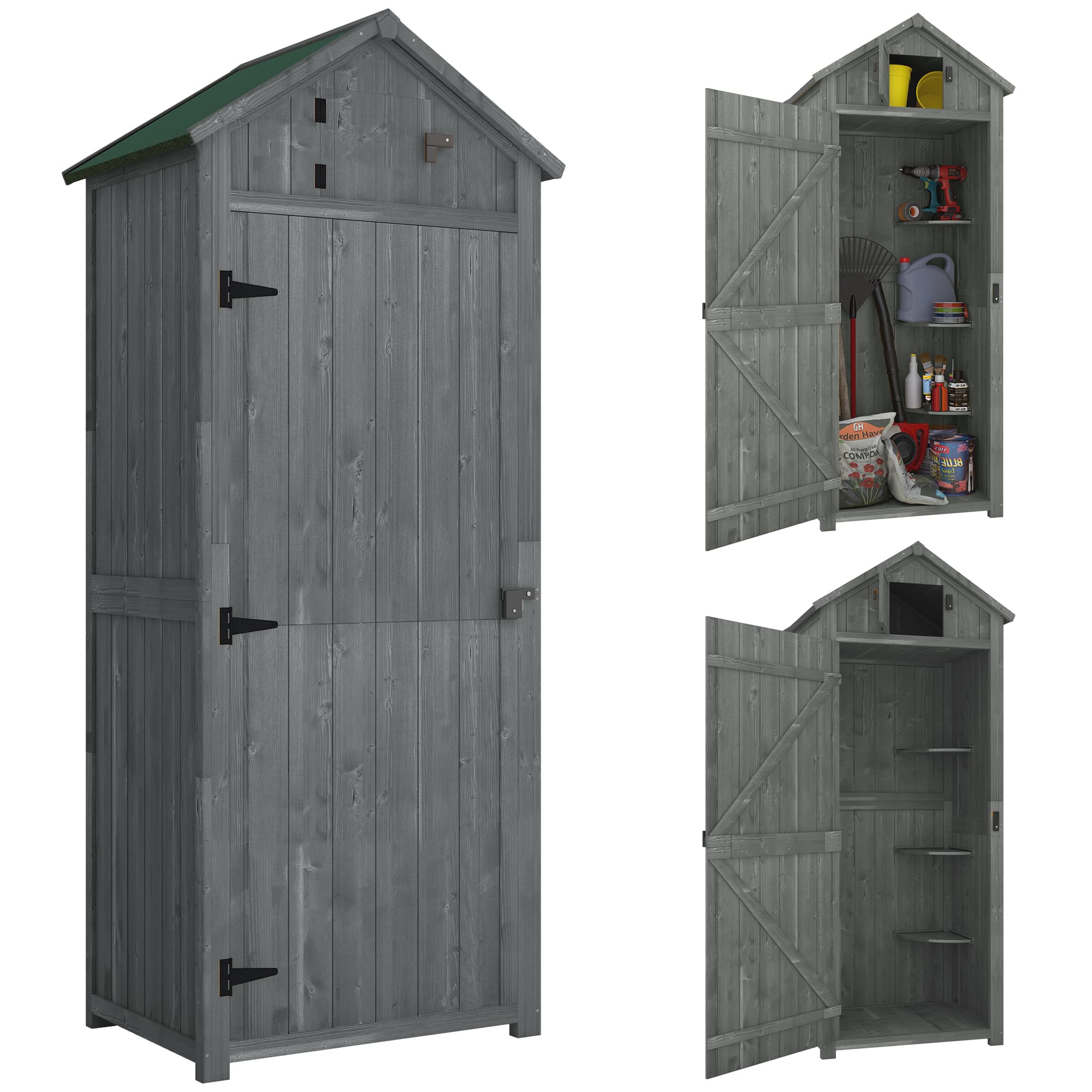 Outsunny Cabanon de Jardin Bois Chalet de Jardin avec Toit Bitumé, 3 Étagères, 2 Portes Loquet - 77x54,2x179cm, Gris Aosom France