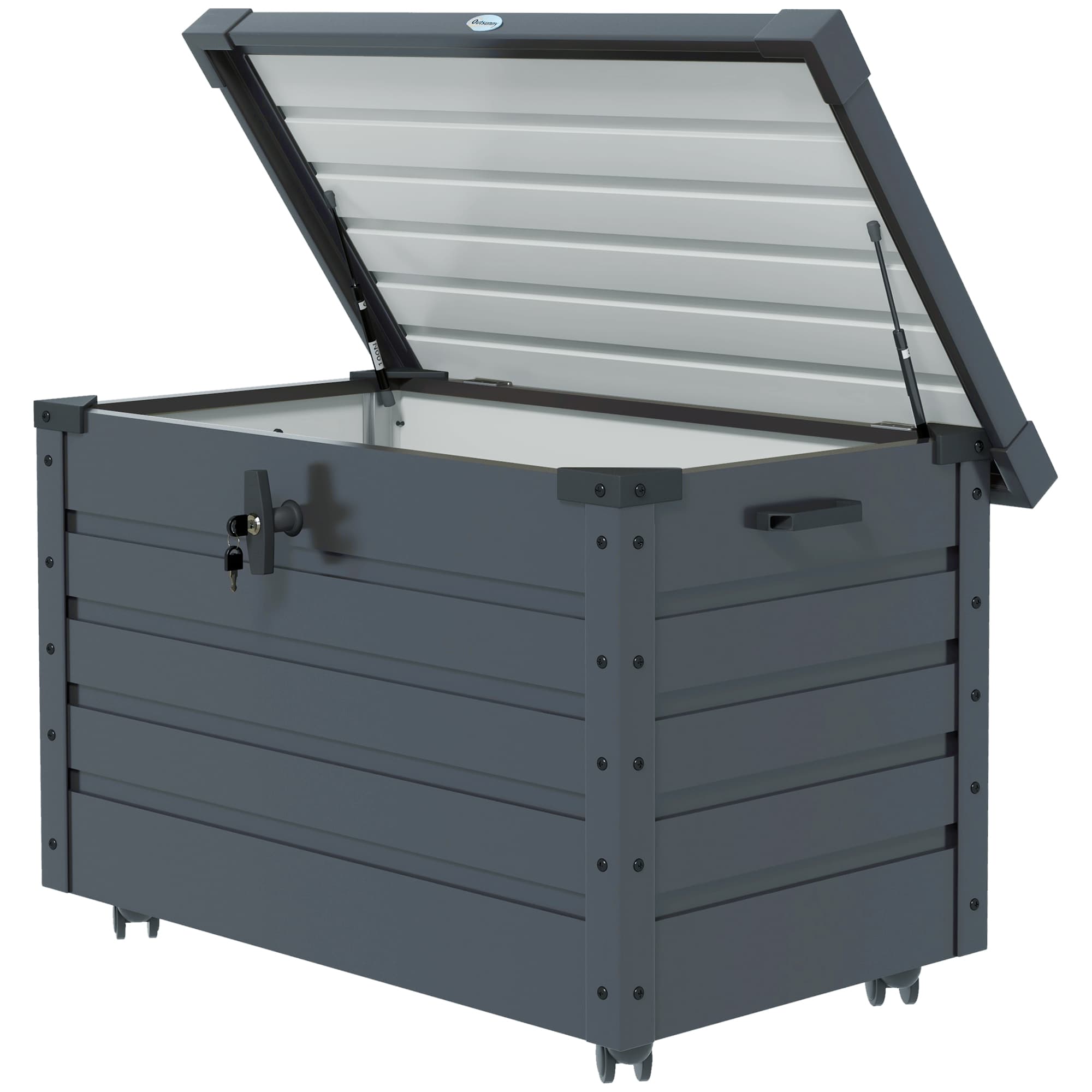 Outsunny Coffre de rangement extérieur 295L, avec vérin à gaz, roulettes et poignée, en acier galvanisé, 100 x 62 x 65 cm, gris