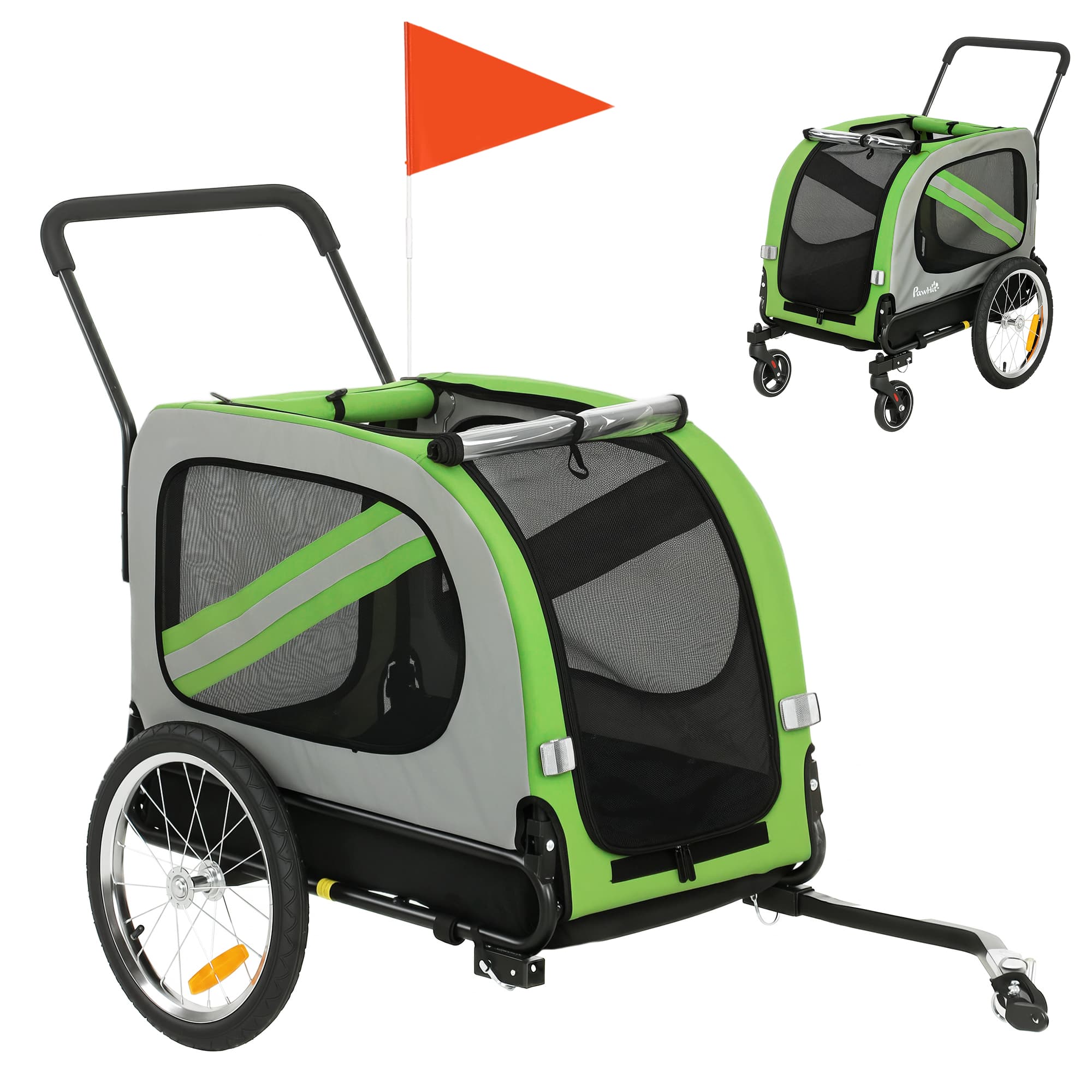 PawHut Remorque de Vélo pour Chiens 2 en 1 Poussette pour Animaux Pliable avec Ceinture de Sécurité Réflecteurs Vert