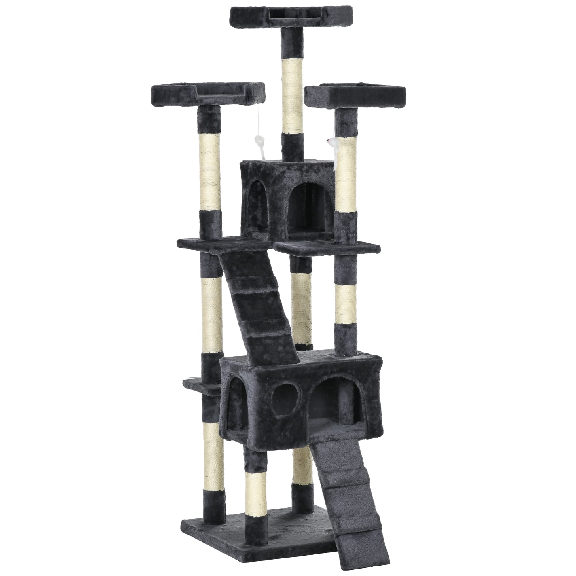 PawHut Arbre à chat 173 cm Tour avec niche, troncs en sisal, grande plateforme, multi-étages Gris foncé