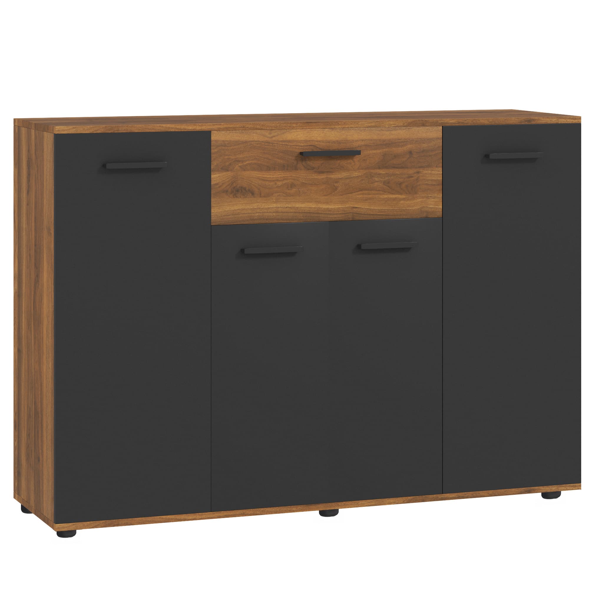 HOMCOM Buffet salon meuble de rangement avec 4 placards, tiroirs et étagères réglables, dim. 120 x 35 x 85 cm, marron et noir