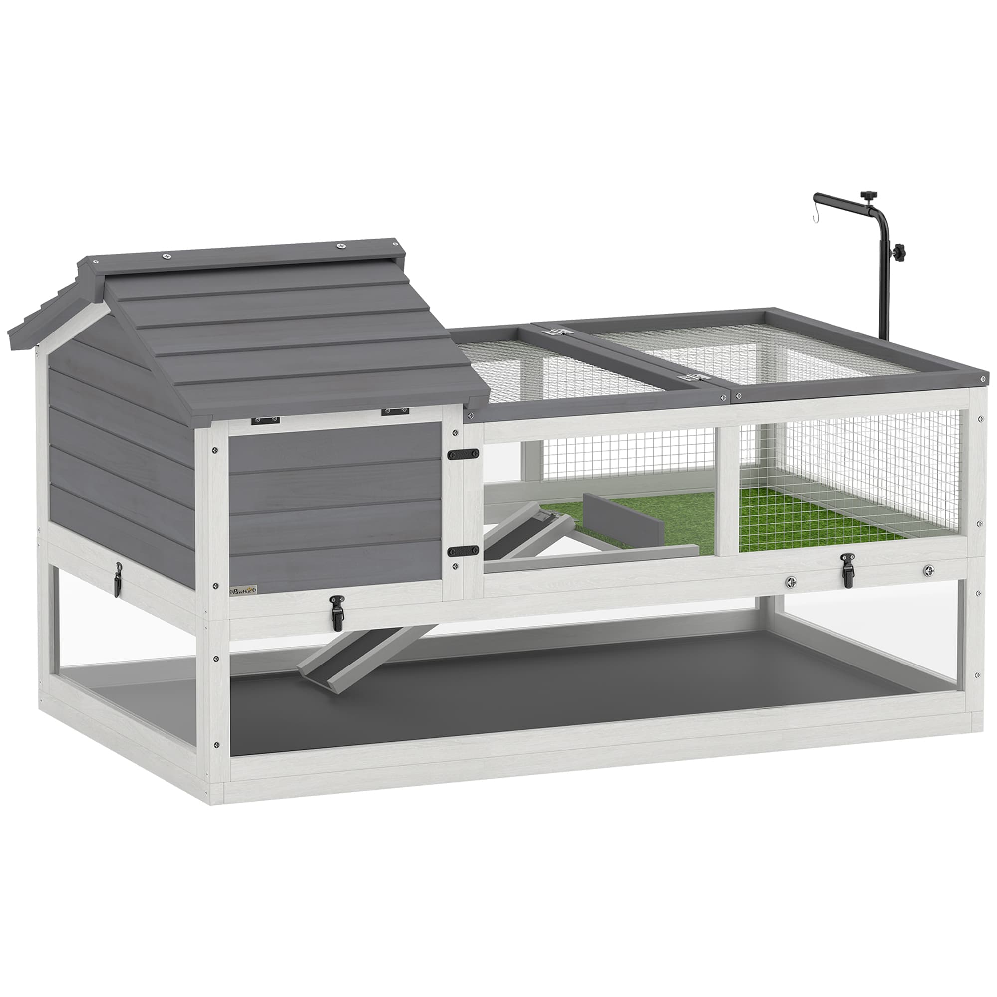 PawHut Maison pour tortues en bois, enclos pour tortues avec deux maisons principales, toit supérieur ouvrant, support de lampe Gris