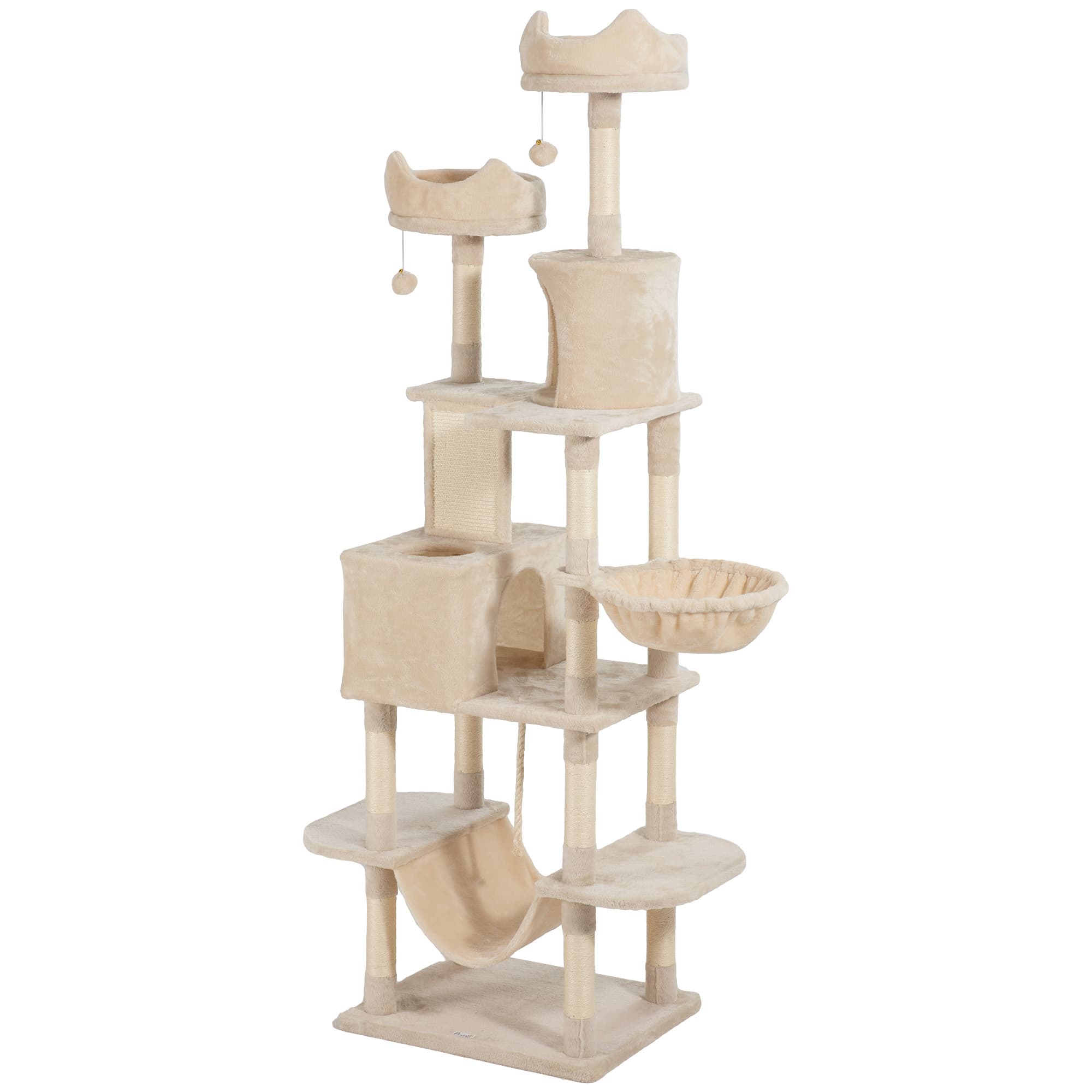 PawHut Arbre à chat haut 206 cm con 4 poteaux griffoirs, grottes, paniers, hamacs, pour 1-3 chatons 6 kg, Beige