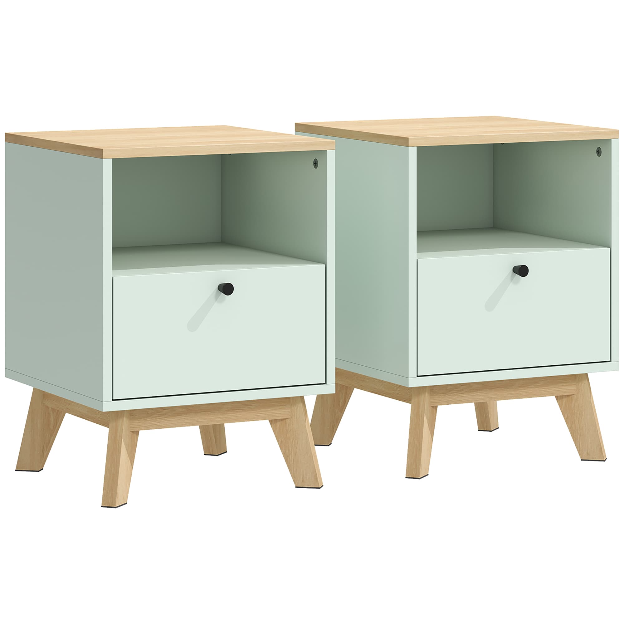 HOMCOM Lot de 2 tables de chevet, tables de nuit avec tiroir et compartiment ouvert, 40 x 40 x 55 cm, chêne et vert clair