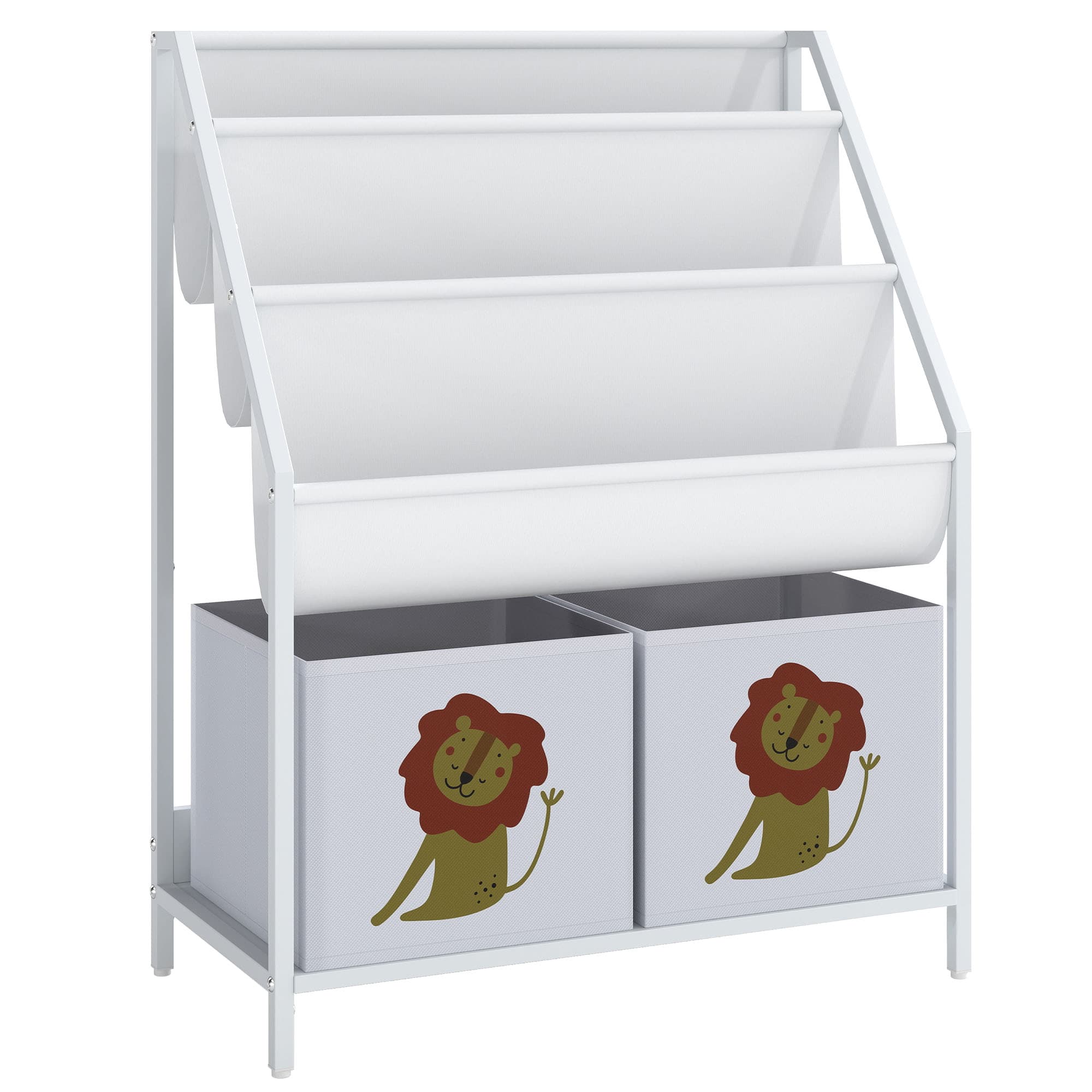 AIYAPLAY Bibliothèque pour Enfants à 4 Niveaux, Étagère à Livres pour Enfants avec Porte-Livres et Tiroir en Tissu, Blanc