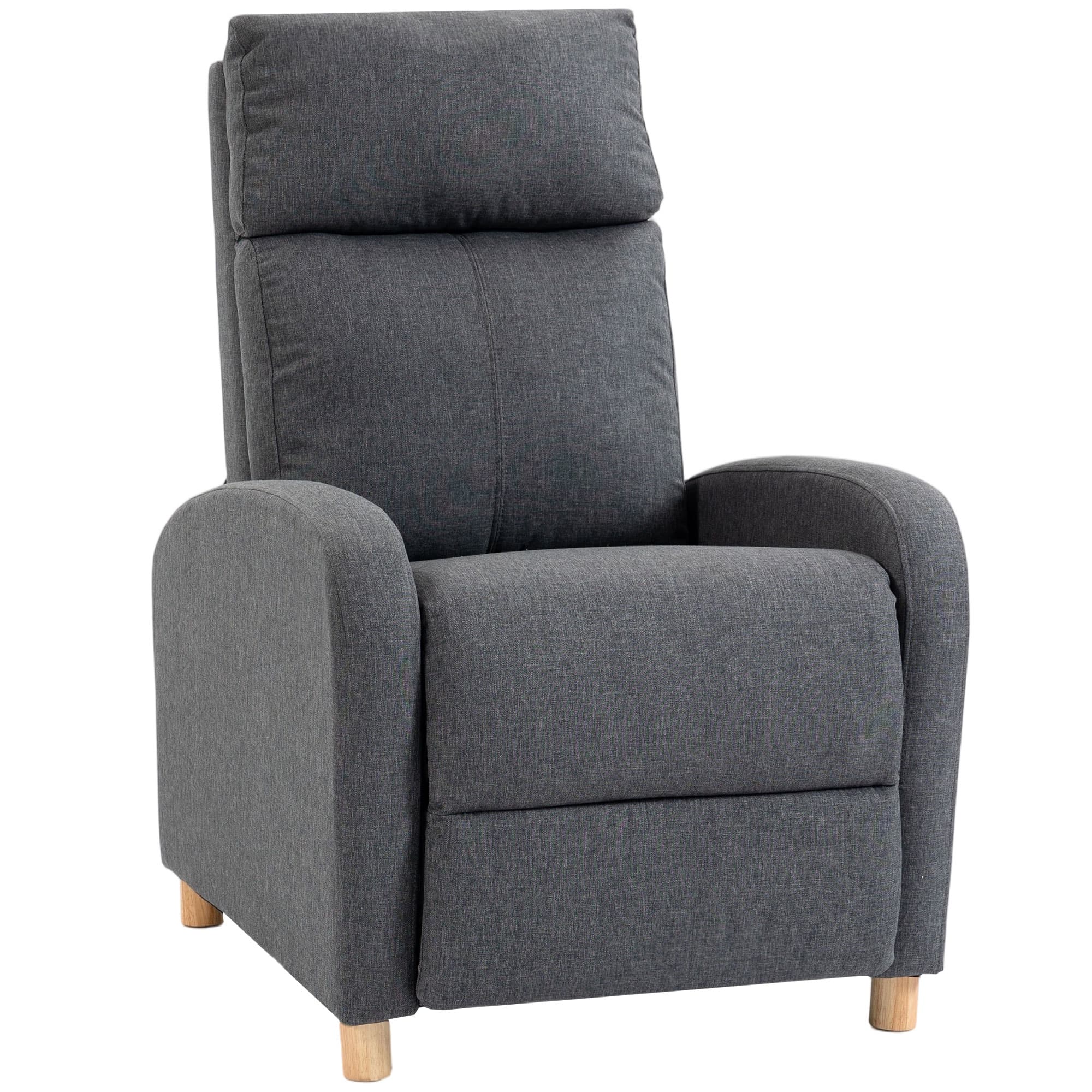HOMCOM Fauteuil Relax Inclinable Manuel 135° avec Repose-pieds, en Tissu Effet Lin, Pieds en Bois, Gris foncé