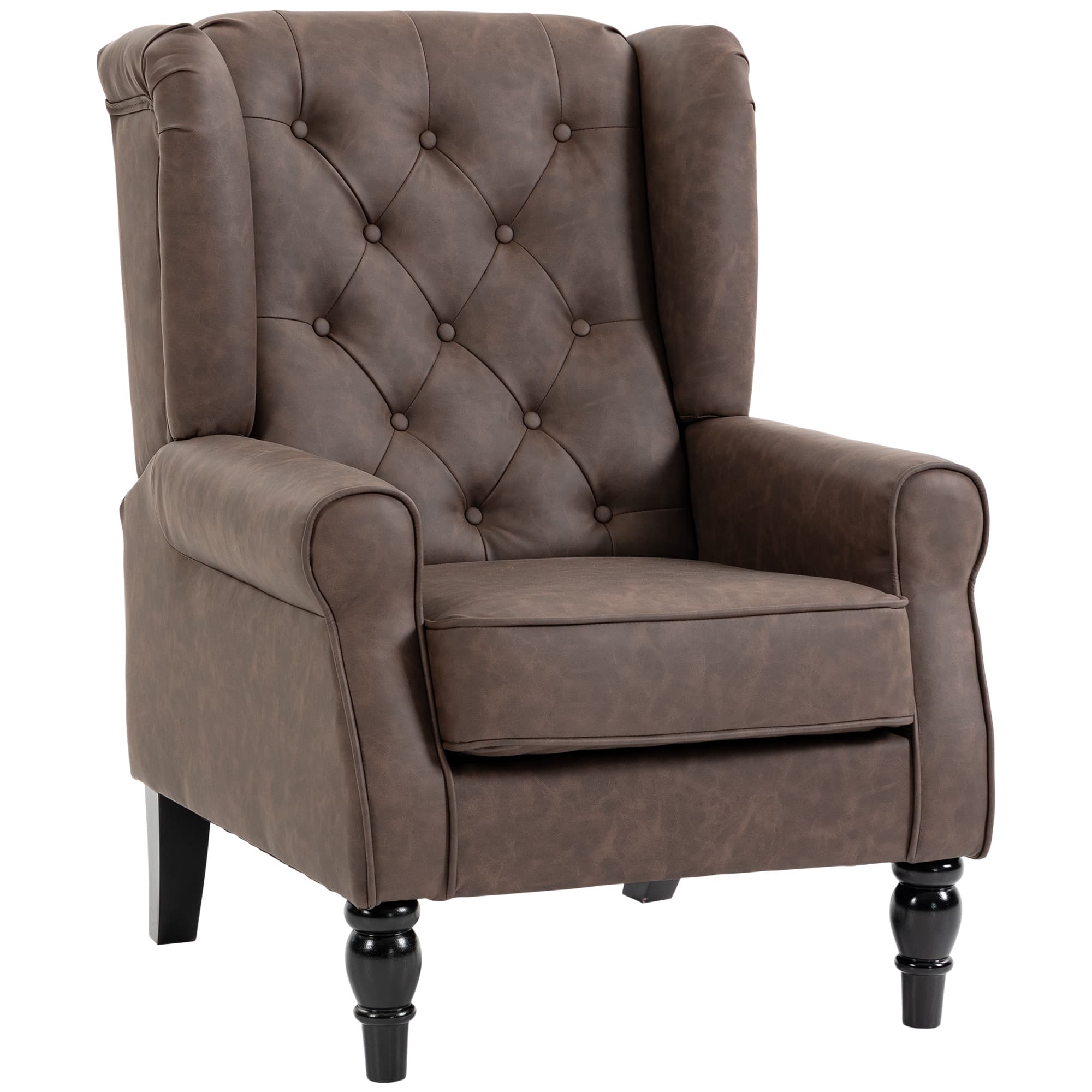 HOMCOM Fauteuil de Chambre en Cuir PU avec Assise Large, Accoudoirs et Pieds en Bois d'Eucalyptus, Marron