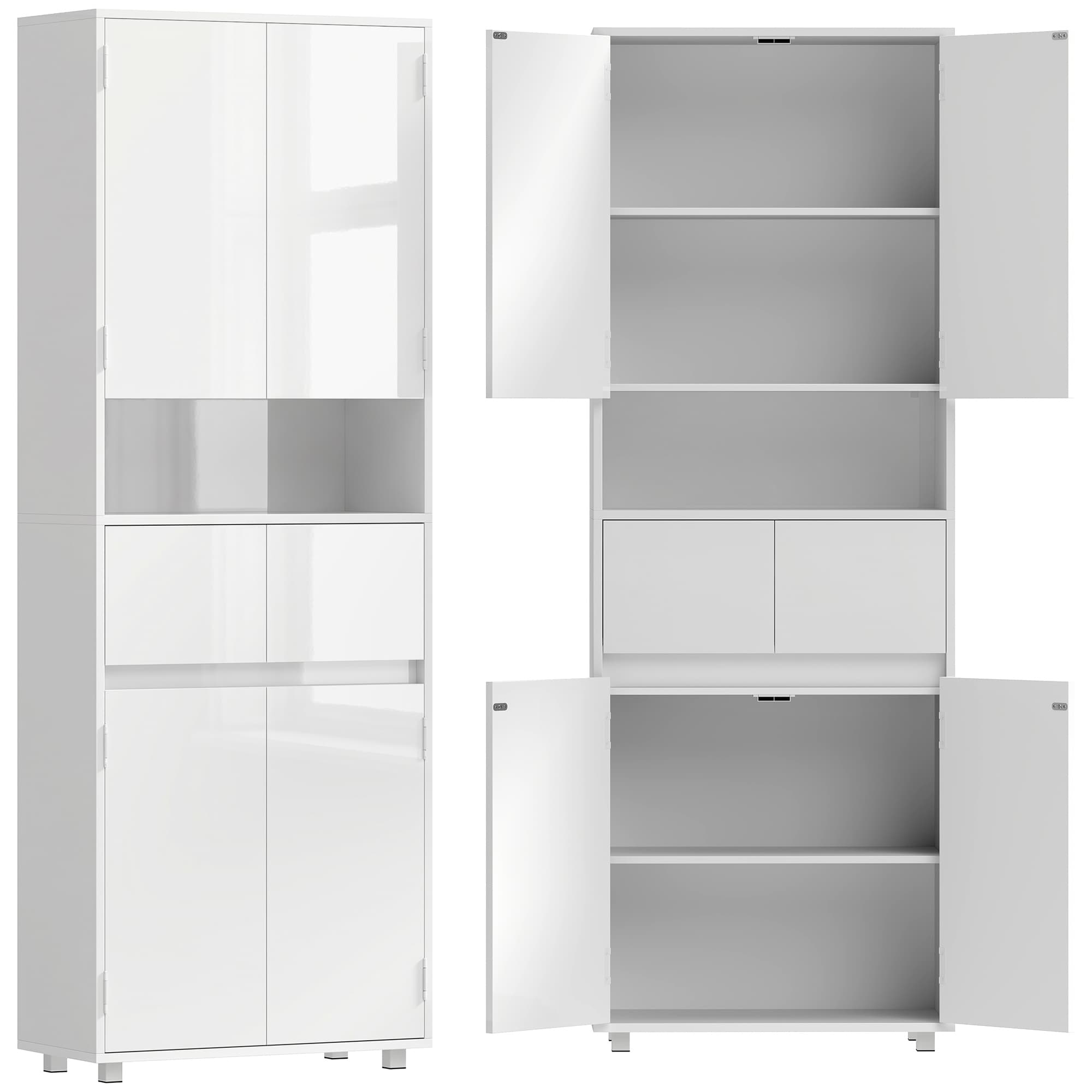 HOMCOM Meuble haut de salle de bain slim Blanc brillant avec tiroirs et étagères