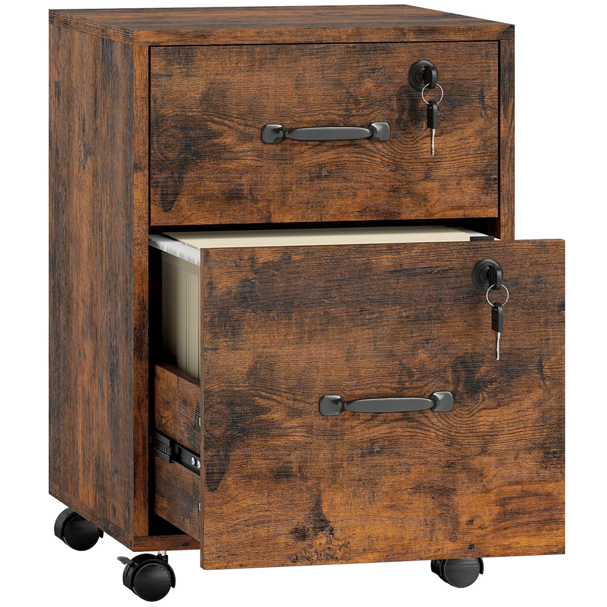 HOMCOM Caisson bureau mobile à 2 tiroirs, meuble rangement bureau sur roulettes pour documents suspendus format lettre, marron