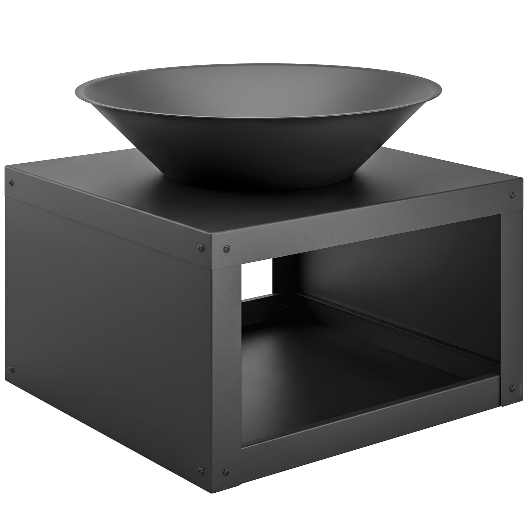 Outsunny Brasero Ø59 cm Foyer avec rangement à bois, tisonnier, utilisable avec bois & charbon, rond Noir