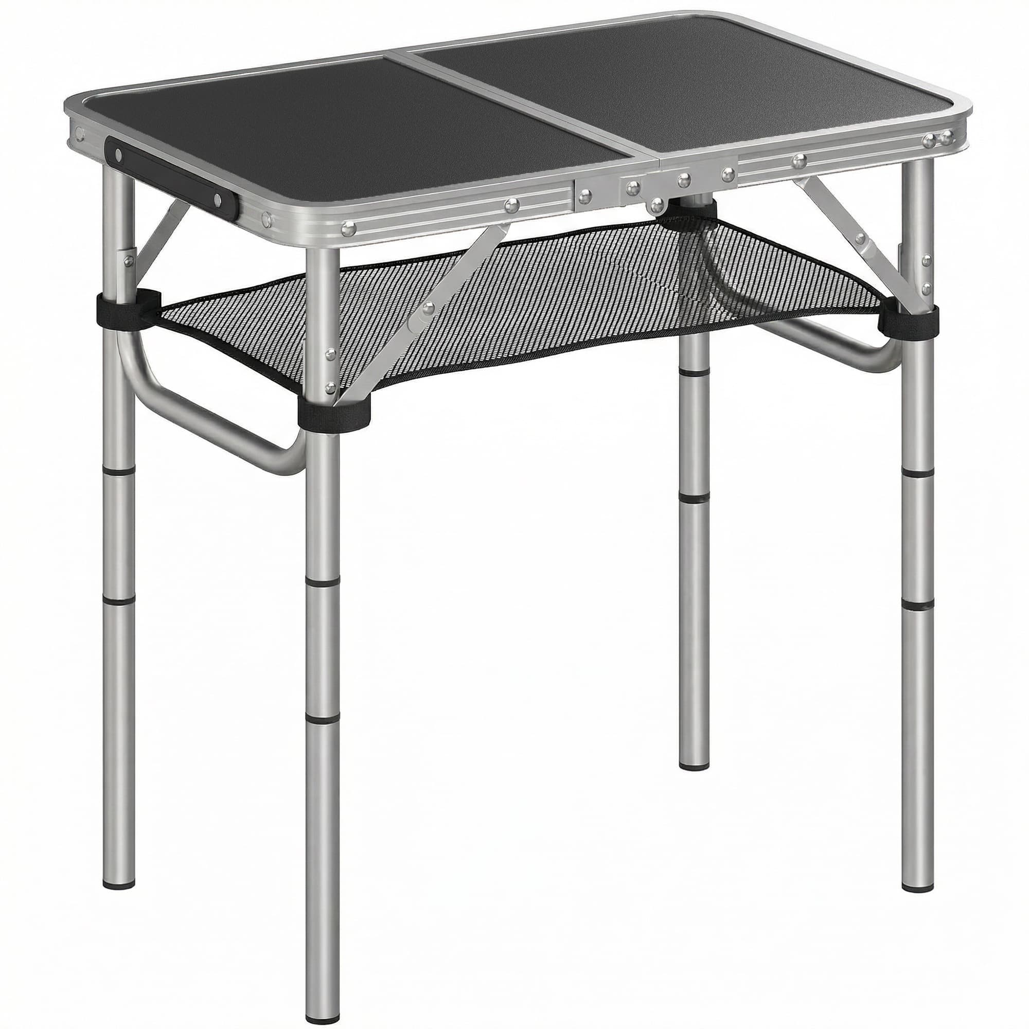 Outsunny Table pliante aluminium, table de camping pliante, poignée 4 hauteurs réglables avec Rangement 60x40x60cm, blanc