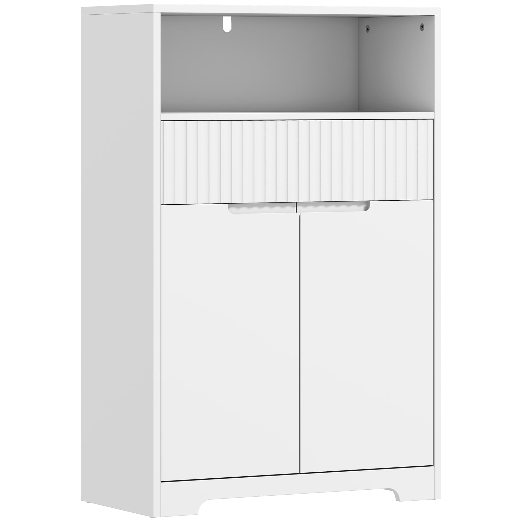 HOMCOM Armoire de Salle de Bain Étroite avec Tiroir à Panneau Avant Cannelé Étagère Ouverte et Étagère Réglable 60x30x91,5 cm Blanc