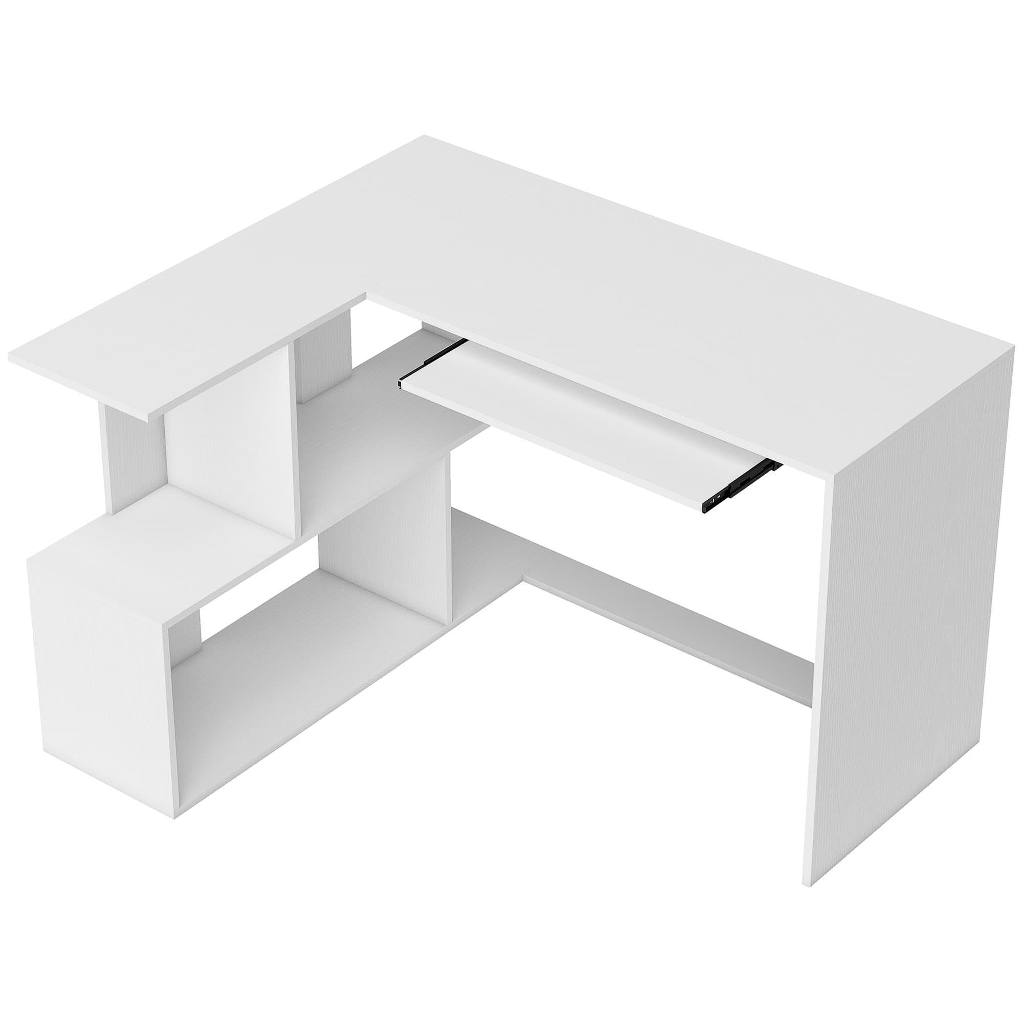 HOMCOM Bureau d'angle bureau en L avec étagères de rangement, plateau à clavier coulissant, 120x100x76cm, blanc