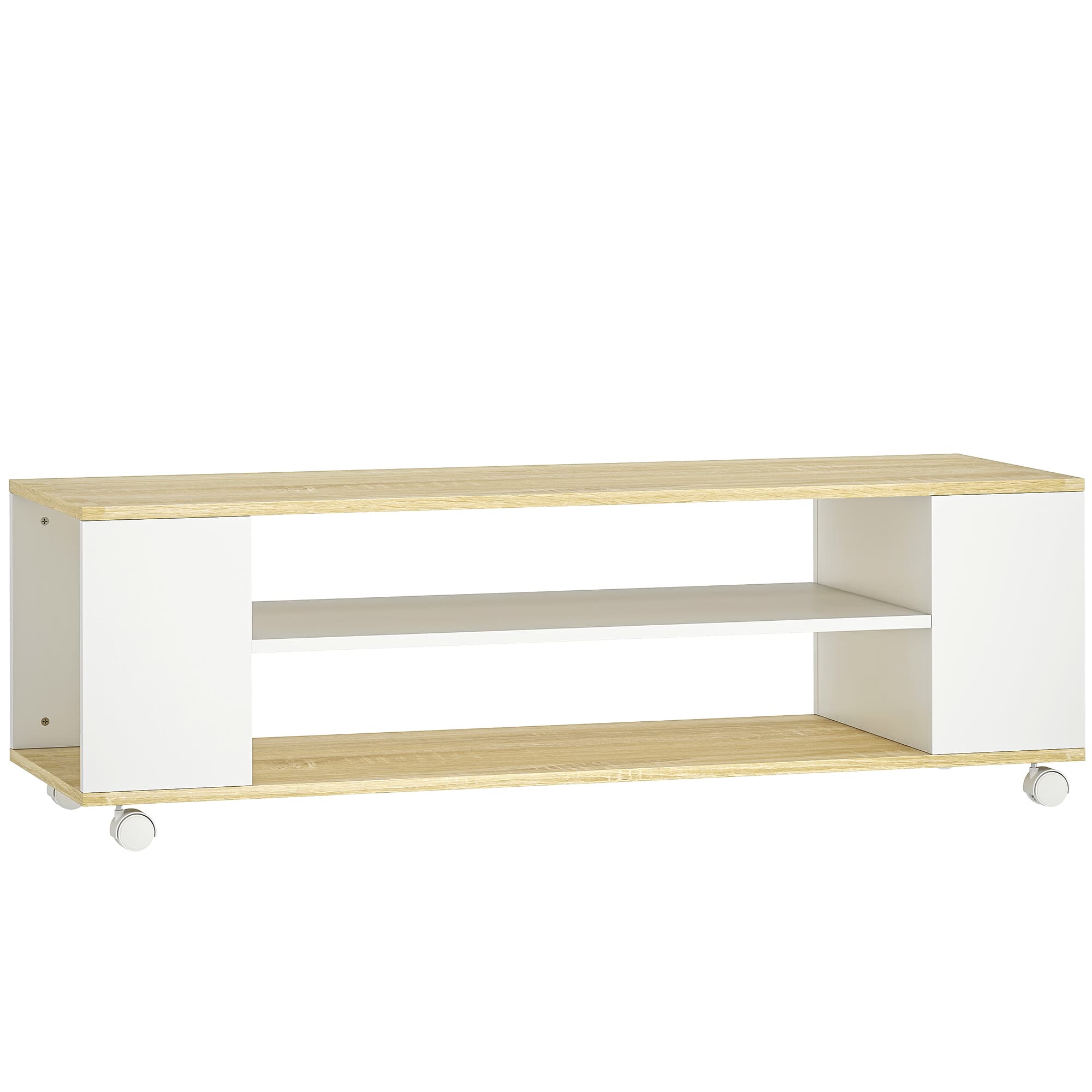 HOMCOM Meuble TV avec roulettes 120 cm, meuble télé pour téléviseur jusqu'à 55 pouces, 2 étagères ouvertes, blanc et naturel