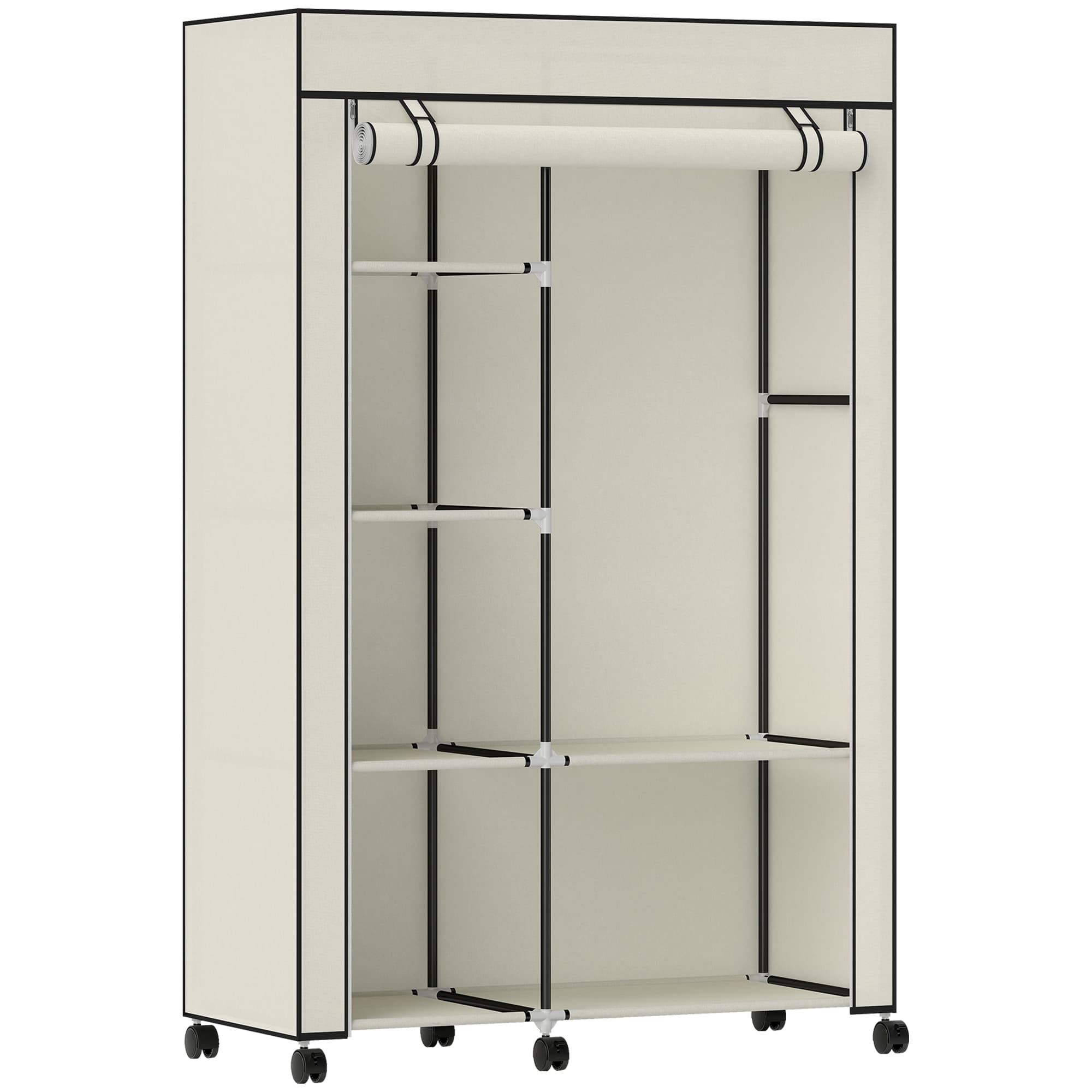 HOMCOM Armoire penderie en tissu meuble de rangement 6 roulettes tringle à vêtements et étagères ouvertes 103x43x162,5cm crème